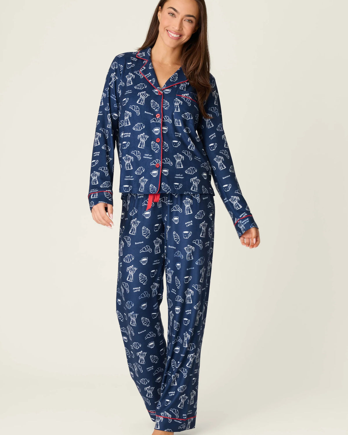 PJ Salvage Bonjour Babe French Breakfast Print Long Sleeve PJ Set front view — Cloud Nine Pajamas Edmonton