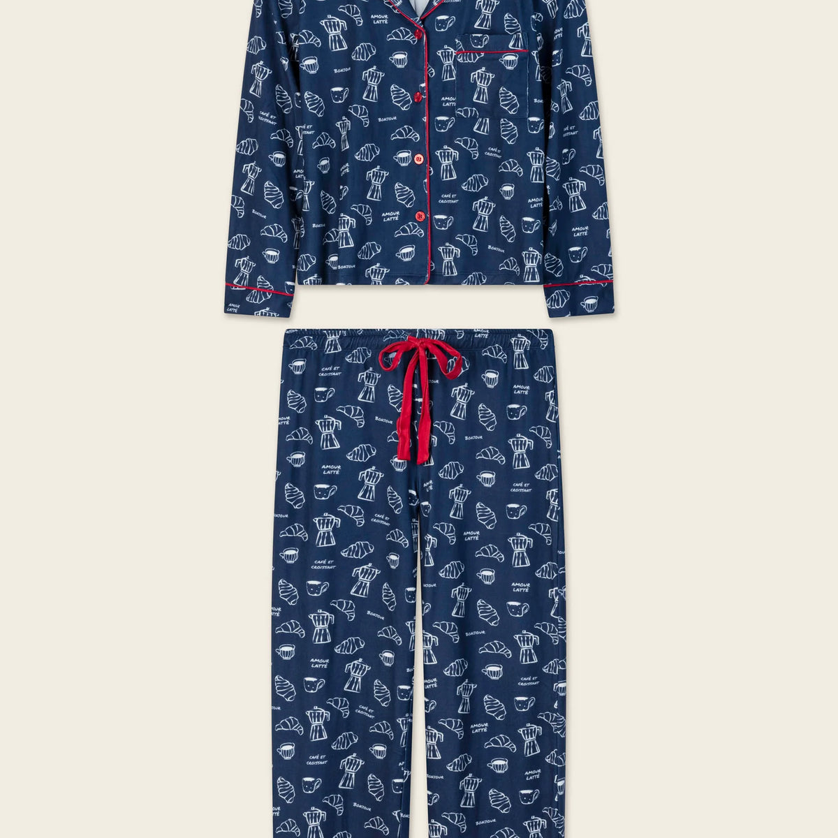 PJ Salvage Bonjour Babe navy butter jersey set wide-leg pant detail — Cloud Nine Pajamas