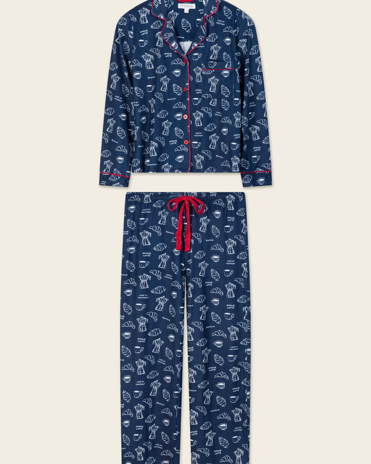 PJ Salvage Bonjour Babe navy butter jersey set wide-leg pant detail — Cloud Nine Pajamas