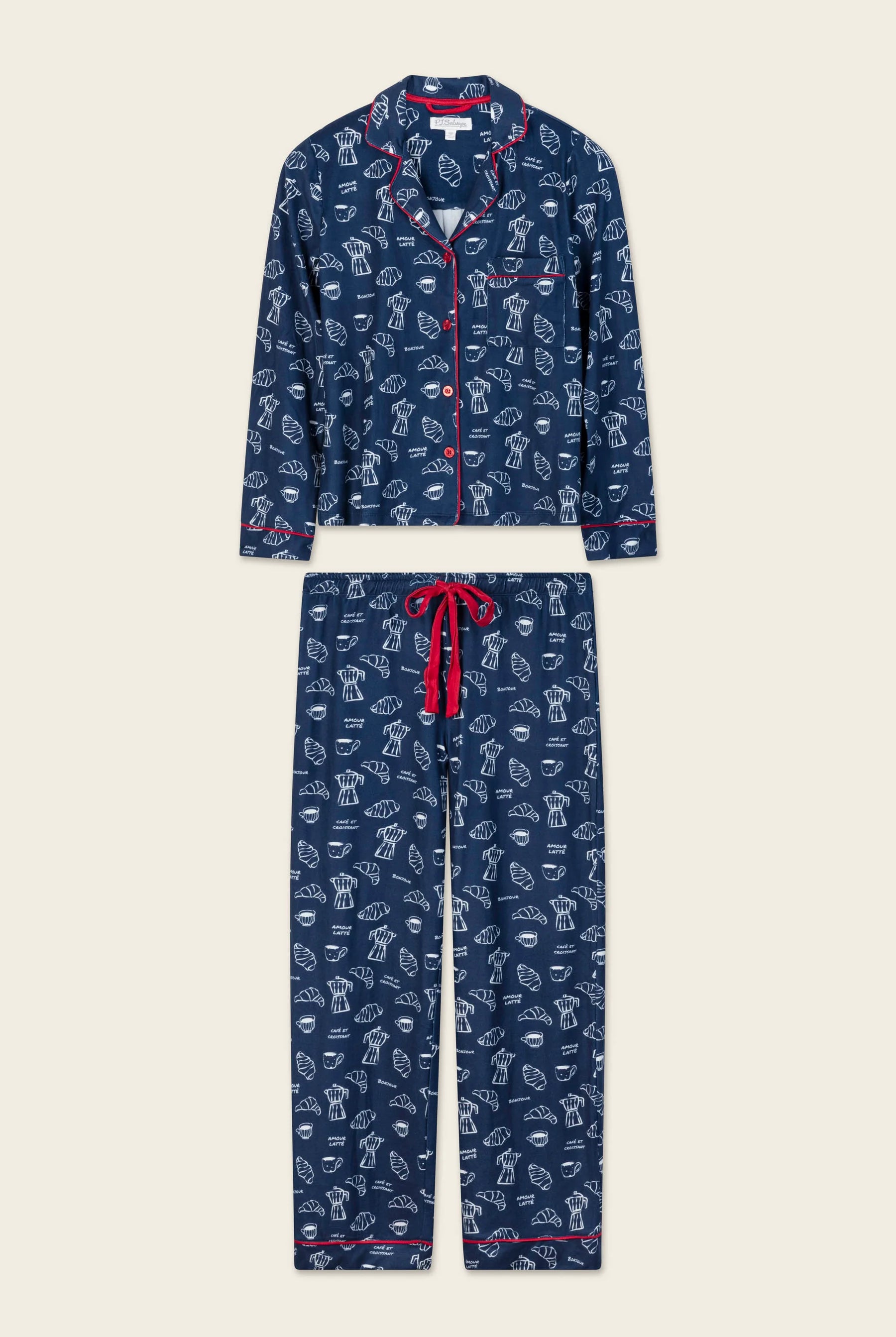 PJ Salvage Bonjour Babe navy butter jersey set wide-leg pant detail — Cloud Nine Pajamas