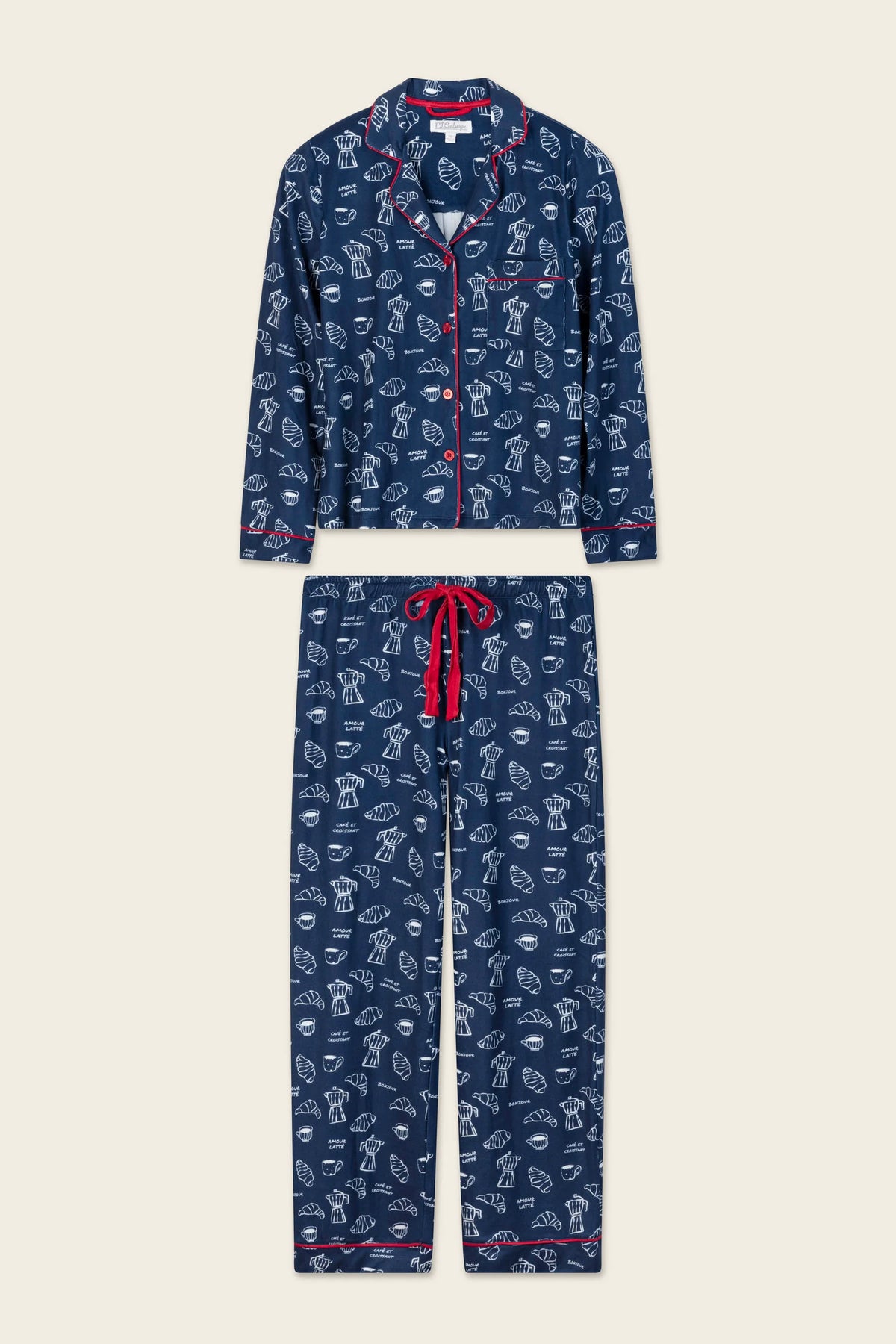 PJ Salvage Bonjour Babe navy butter jersey set wide-leg pant detail — Cloud Nine Pajamas