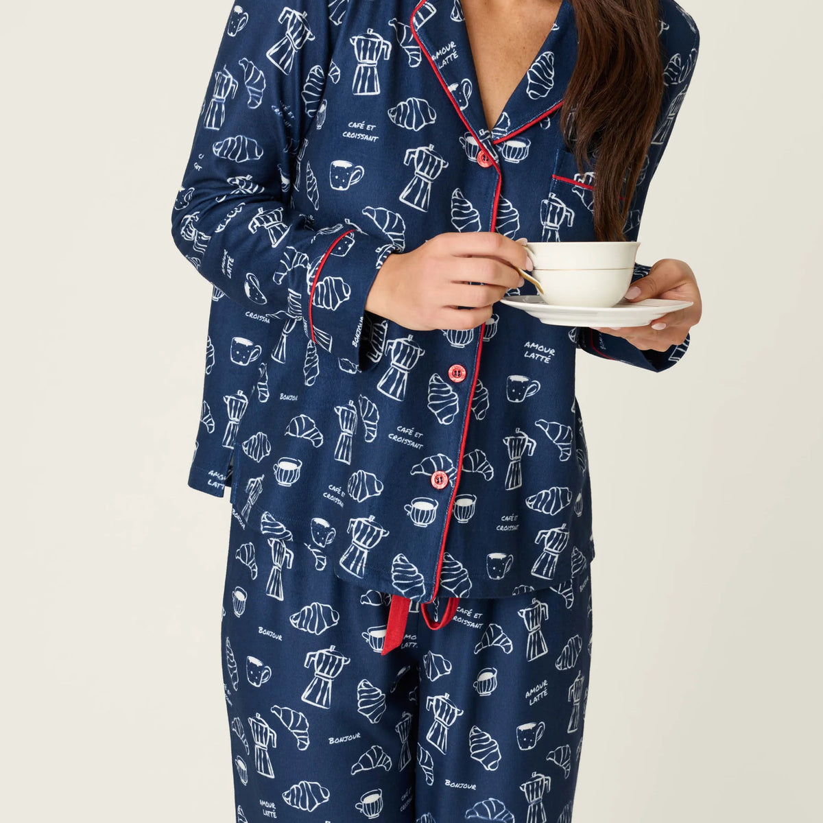 PJ Salvage Bonjour Babe French breakfast print close-up — Cloud Nine Pajamas