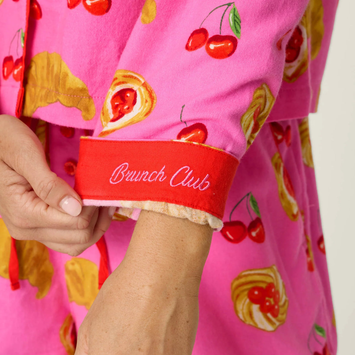 PJ Salvage Brunch Club short set "Brunch Club" embroidered cuff close-up — Cloud Nine Pajamas