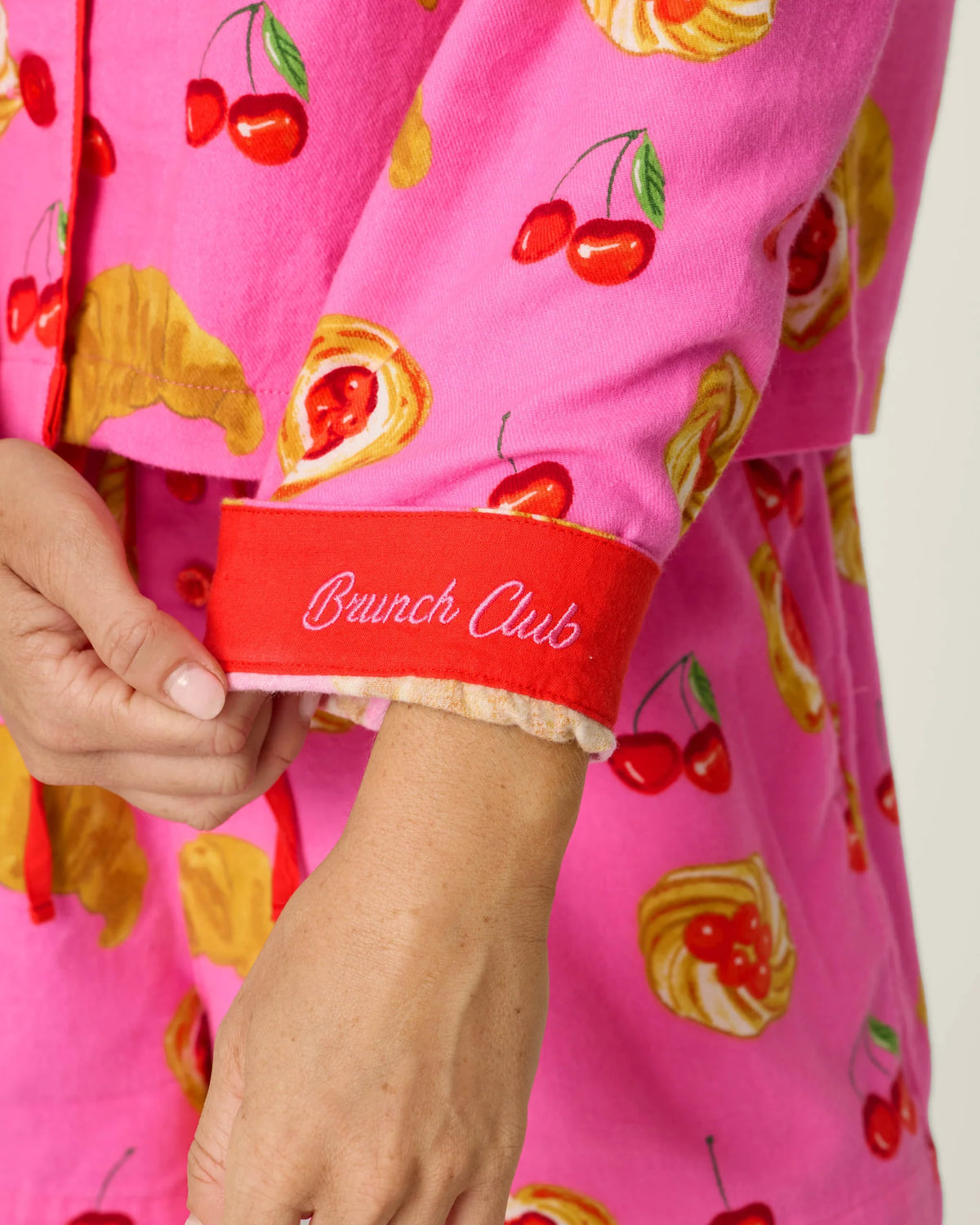 PJ Salvage Brunch Club short set "Brunch Club" embroidered cuff close-up — Cloud Nine Pajamas