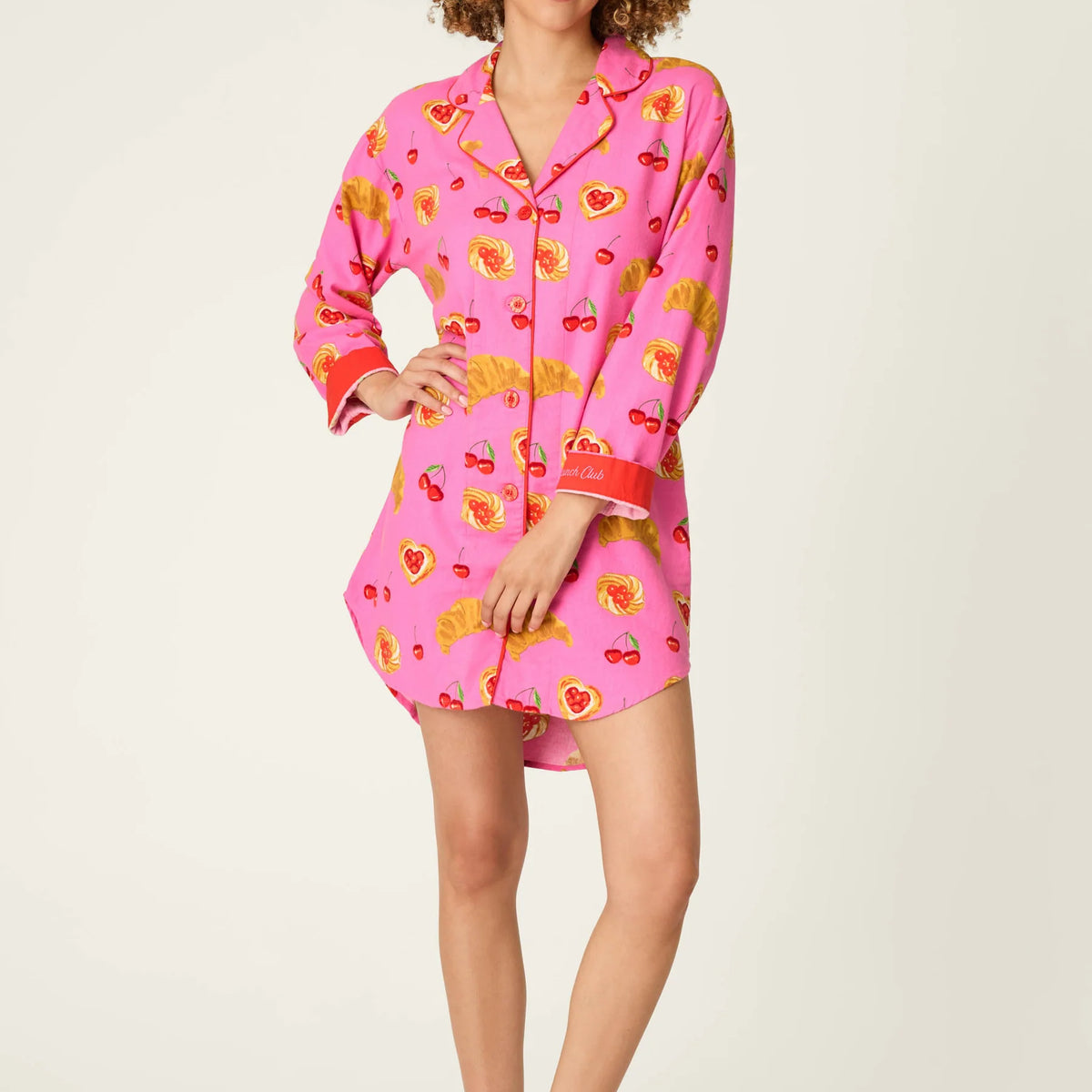 PJ Salvage Sweet Cherry Tart Print Nightshirt front view model — Cloud Nine Pajamas Edmonton