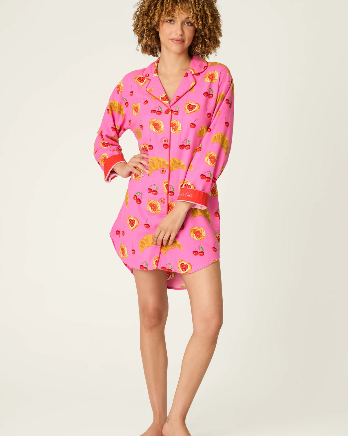 PJ Salvage Sweet Cherry Tart Print Nightshirt front view model — Cloud Nine Pajamas Edmonton
