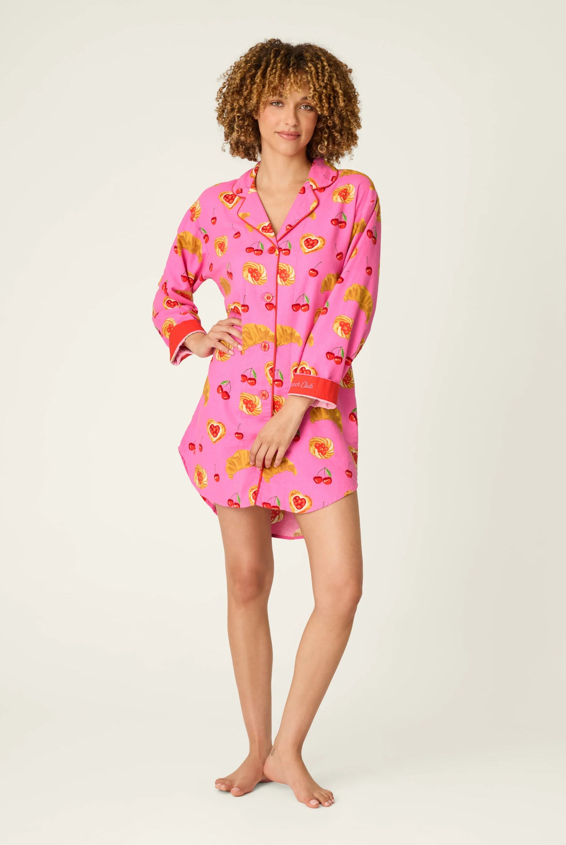 PJ Salvage Sweet Cherry Tart Print Nightshirt front view model — Cloud Nine Pajamas Edmonton