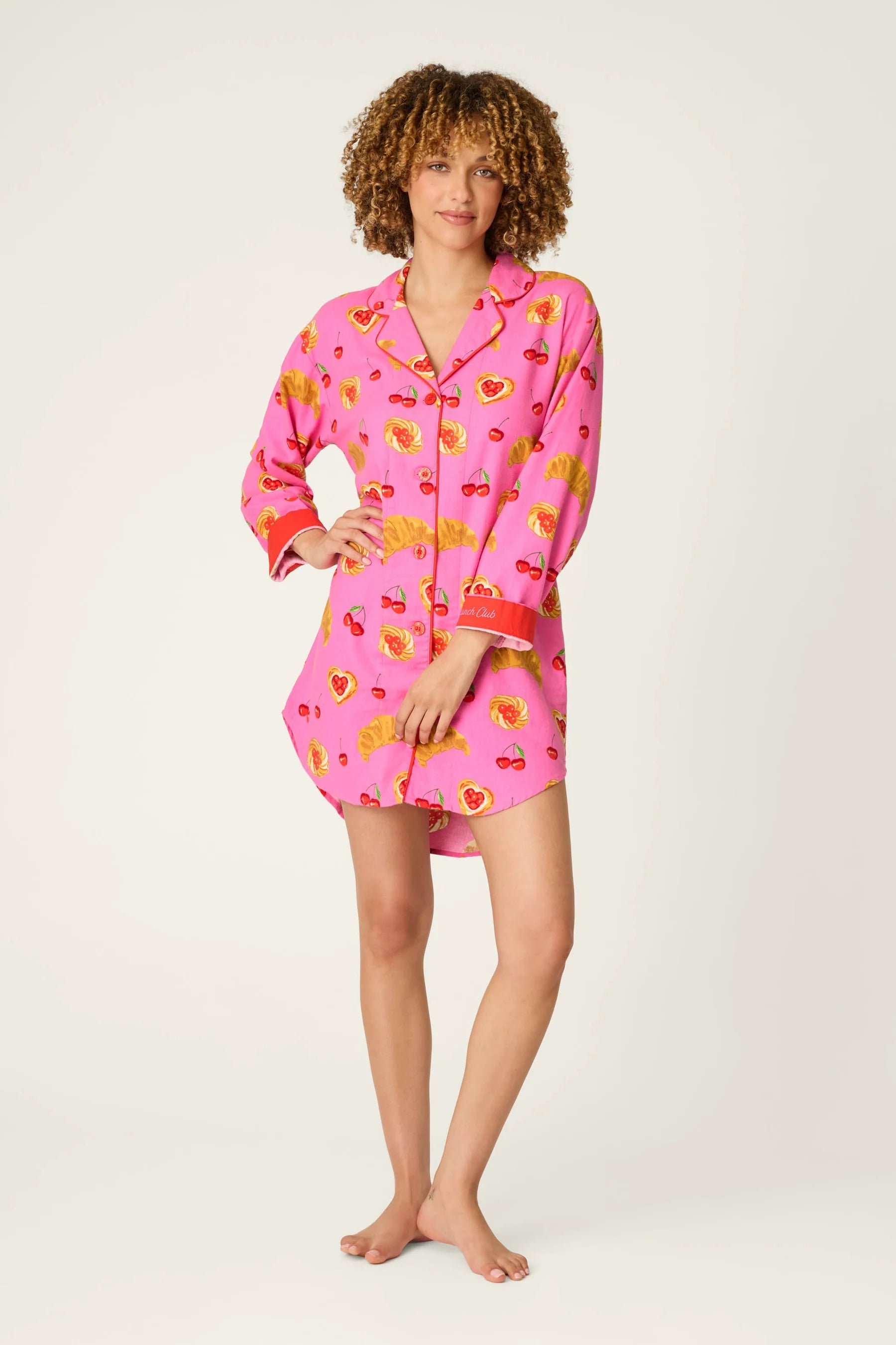 PJ Salvage Sweet Cherry Tart Print Nightshirt front view model — Cloud Nine Pajamas Edmonton