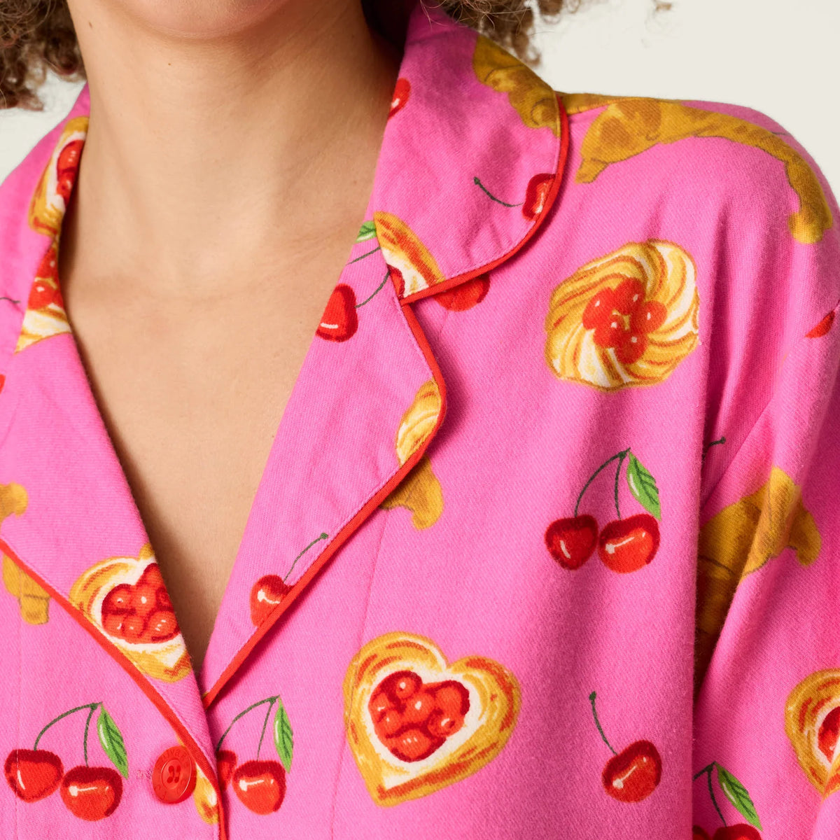 PJ Salvage Sweet Cherry Tart nightshirt cherry pastry print close-up — Cloud Nine Pajamas