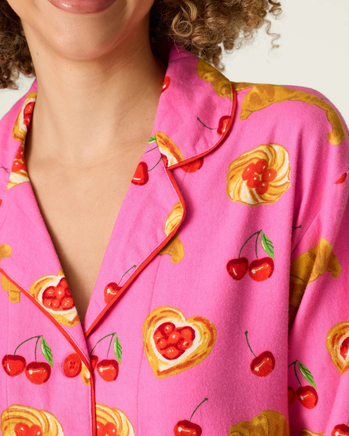 PJ Salvage Sweet Cherry Tart nightshirt cherry pastry print close-up — Cloud Nine Pajamas