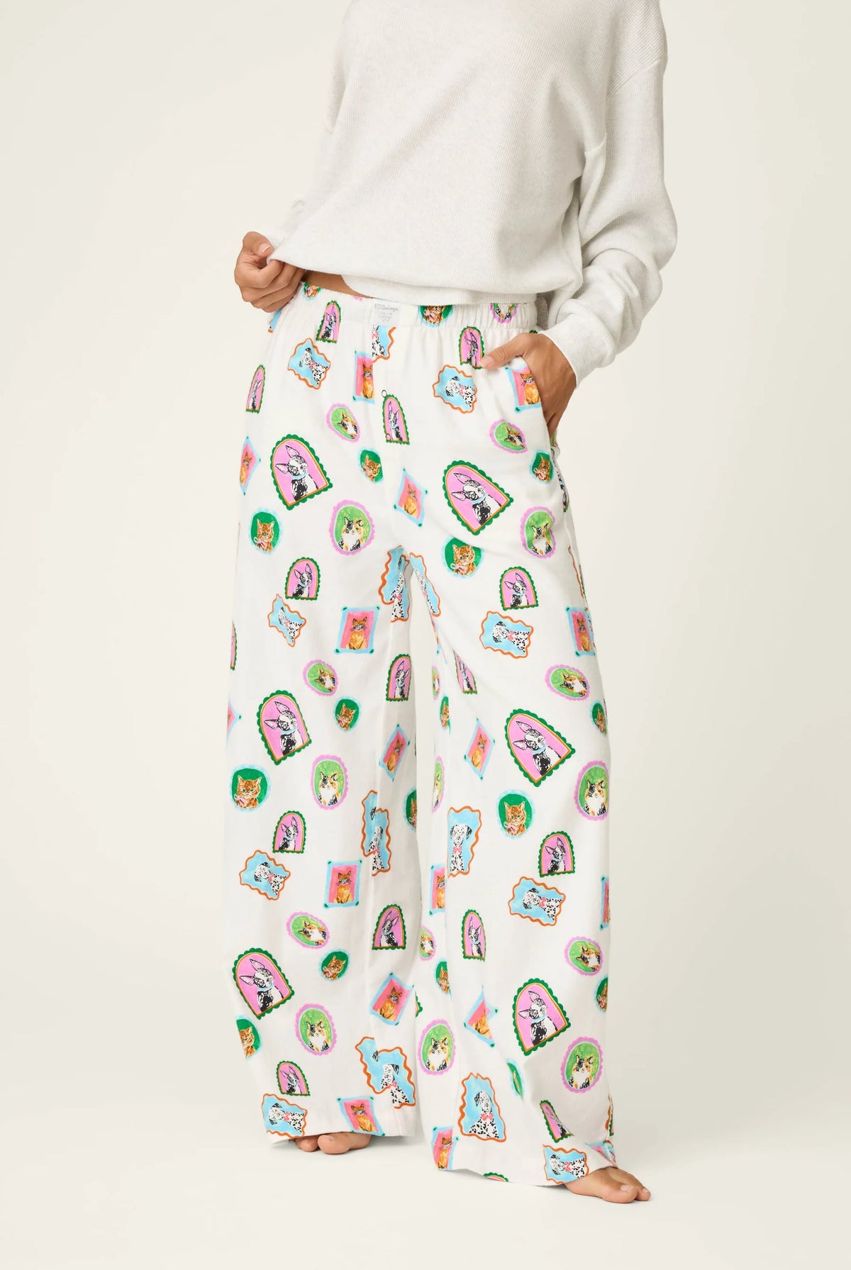 PJ Salvage Picture Purrfect Cat Dog Portraits Flannel Pajama Pants front view model — Cloud Nine Pajamas Edmonton