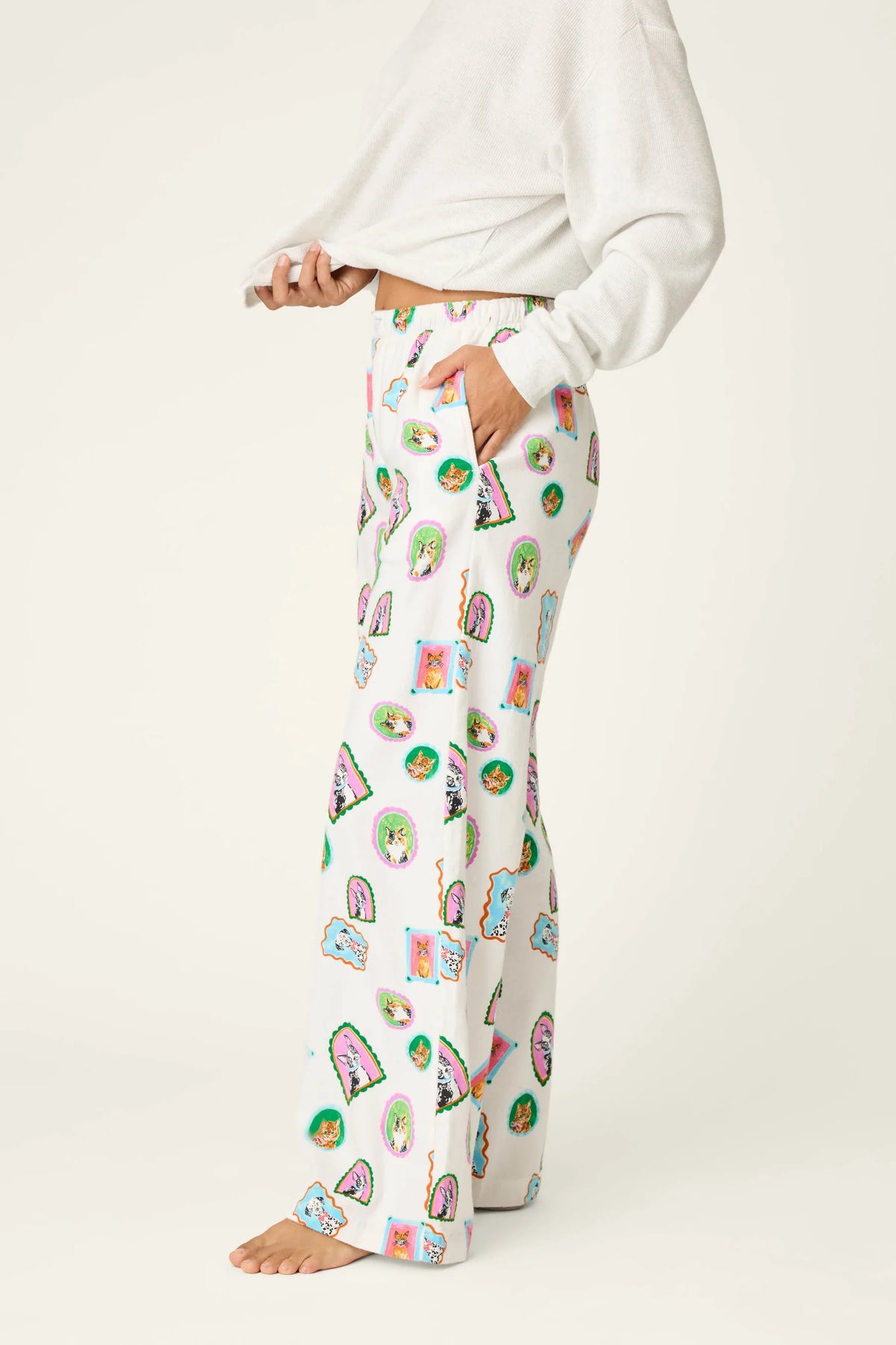 PJ Salvage Picture Purrfect flannel pant side view showing length — Cloud Nine Pajamas