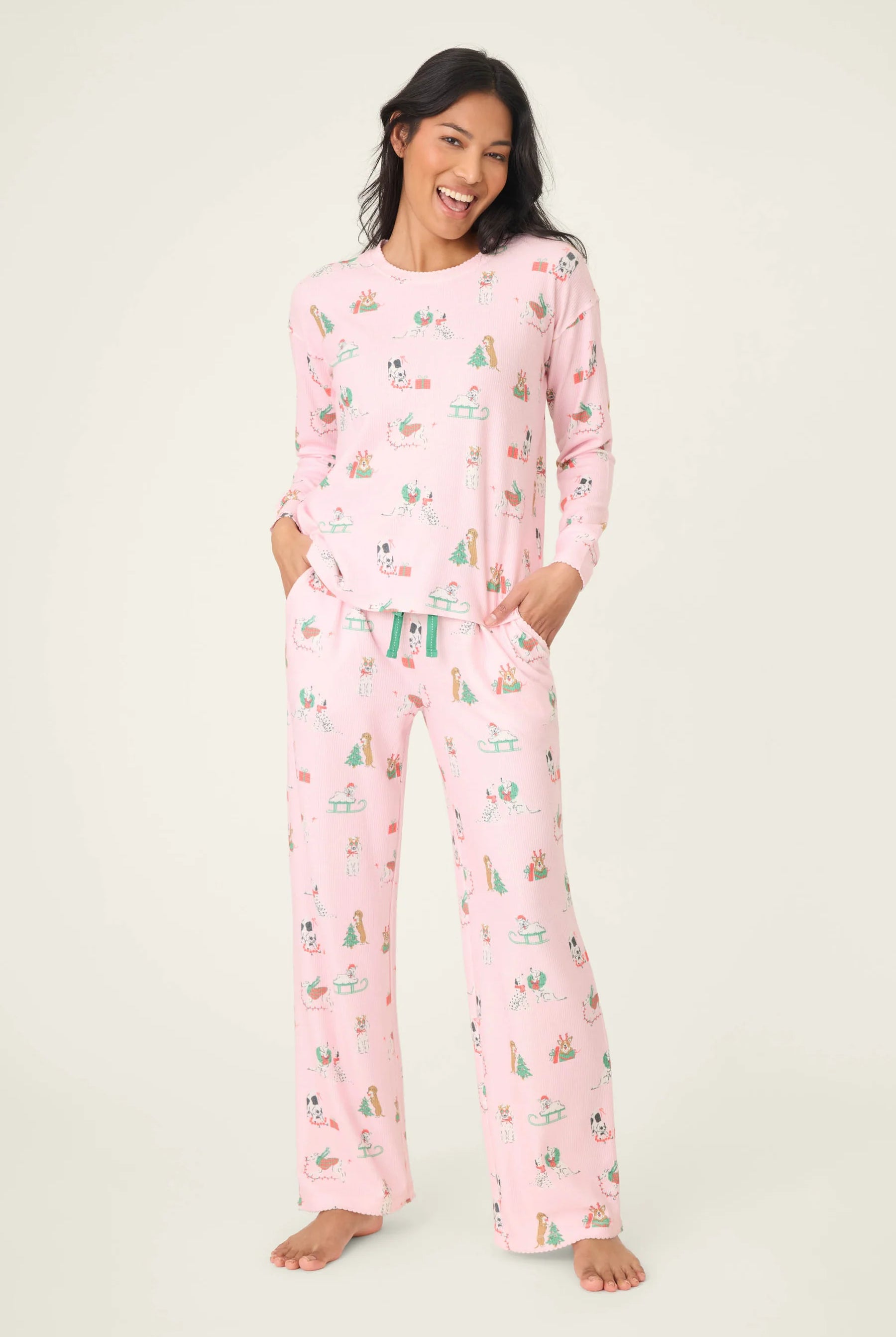Peace & Pawlidays Dog Print Waffle PJ Set | Pink | PJ Salvage for Women