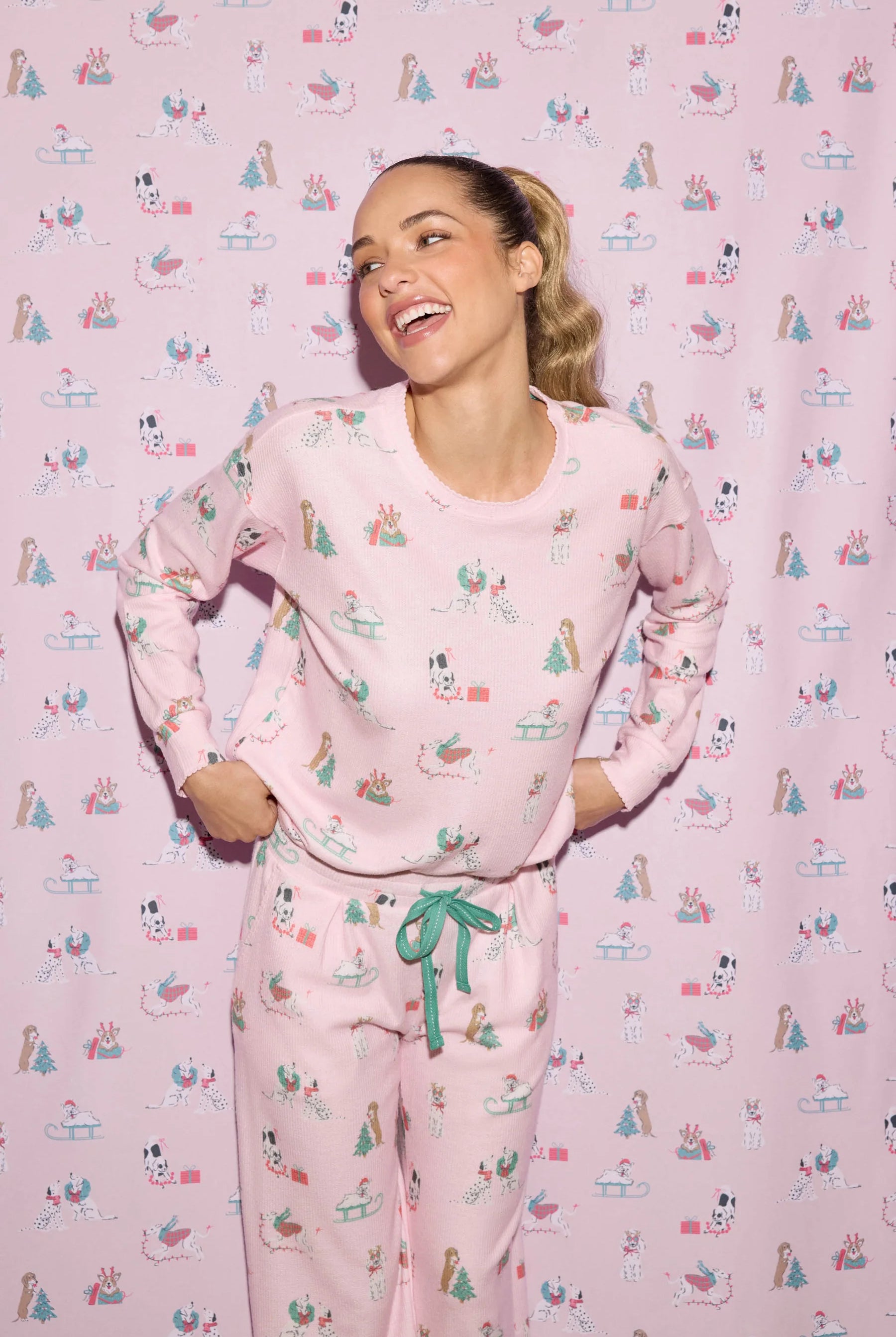 Peace & Pawlidays Dog Print Waffle PJ Set | Pink | PJ Salvage for Women
