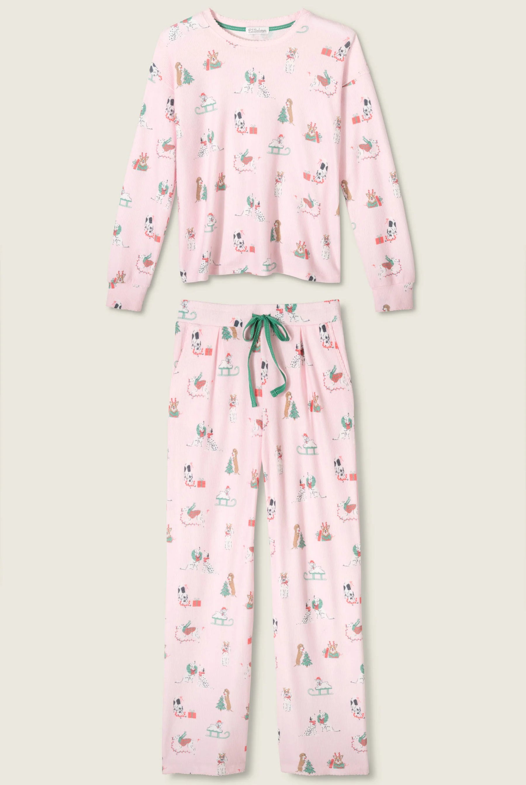 Peace & Pawlidays Dog Print Waffle PJ Set | Pink | PJ Salvage for Women