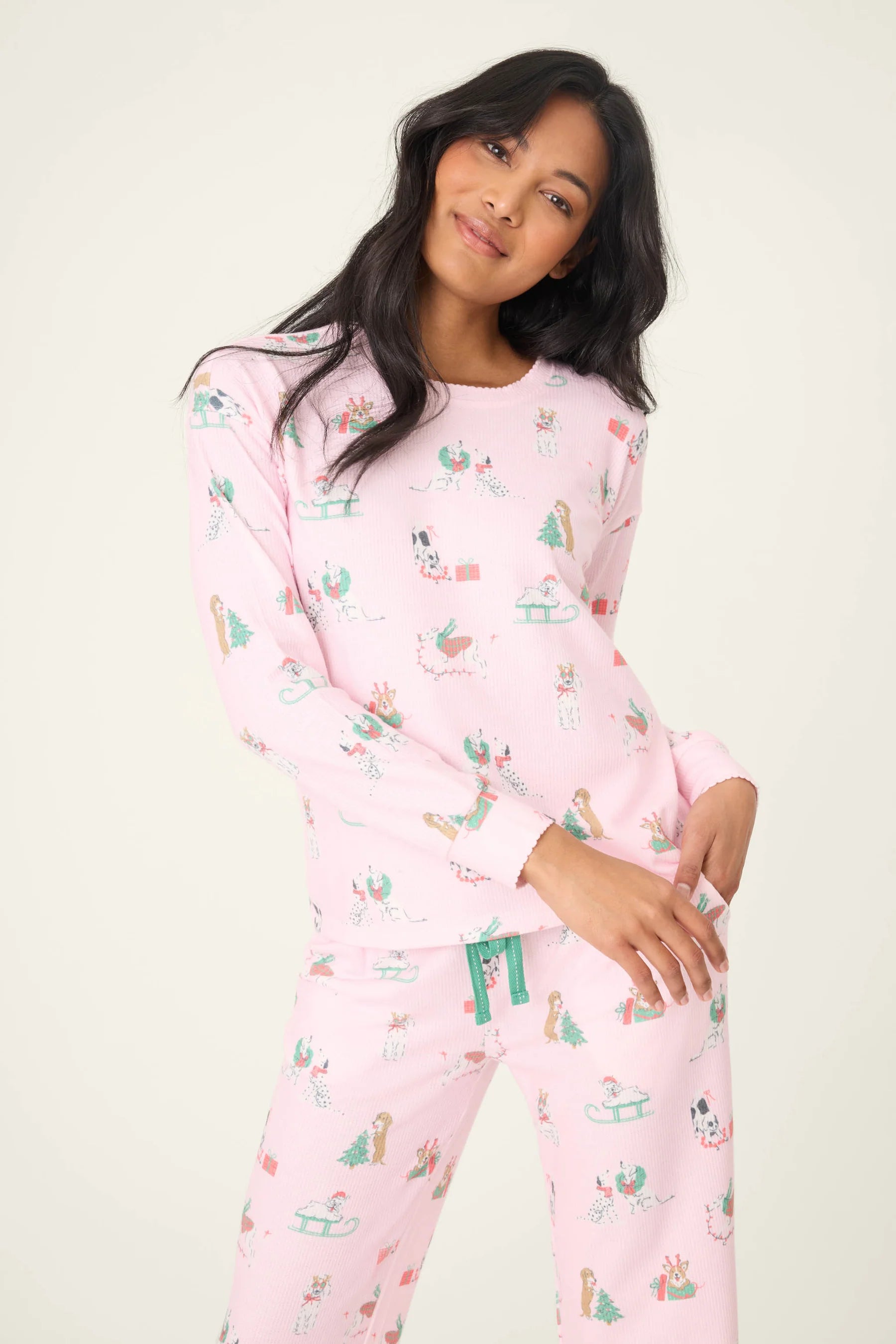 Peace & Pawlidays Dog Print Waffle PJ Set | Pink | PJ Salvage for Women