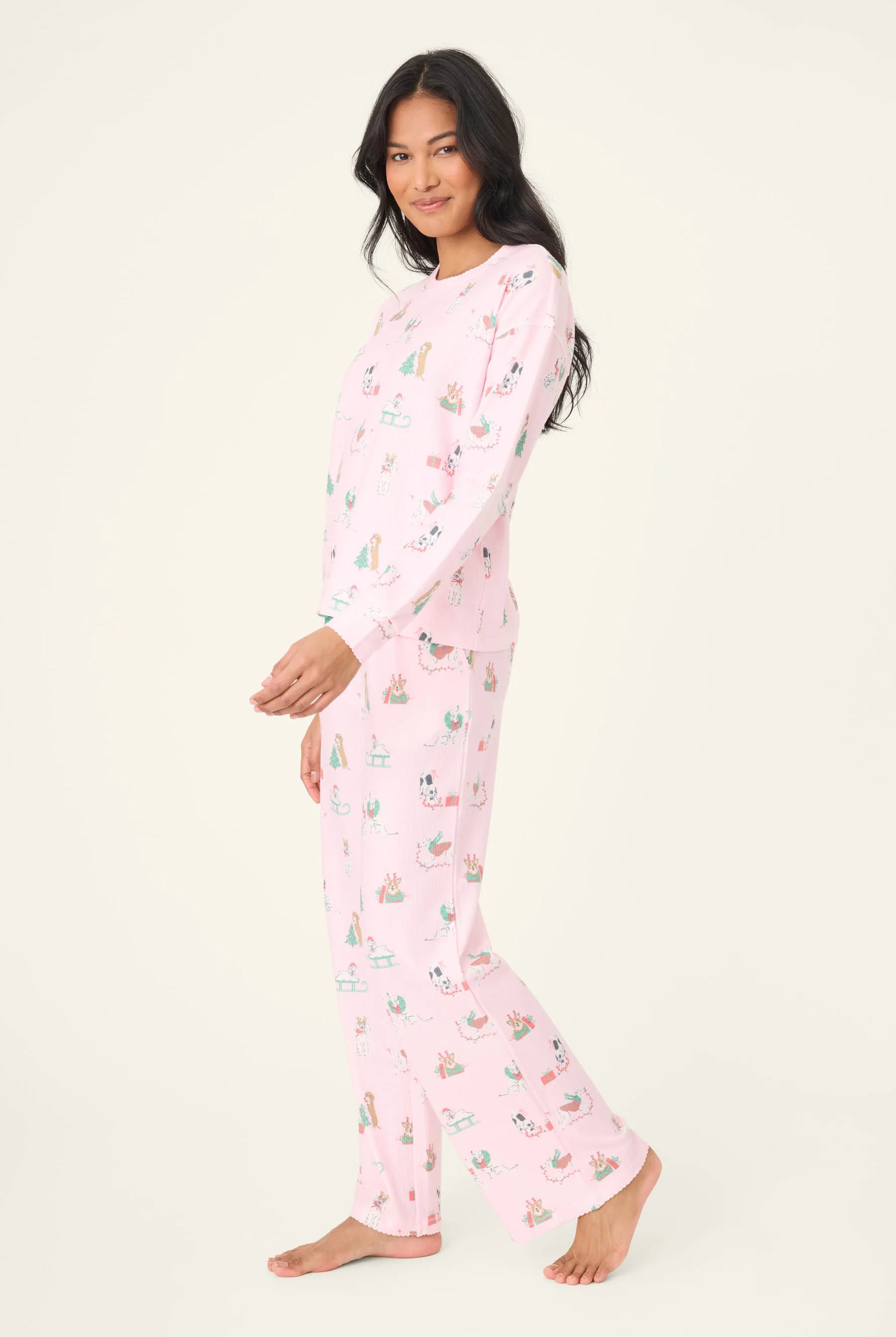 Peace & Pawlidays Dog Print Waffle PJ Set | Pink | PJ Salvage for Women