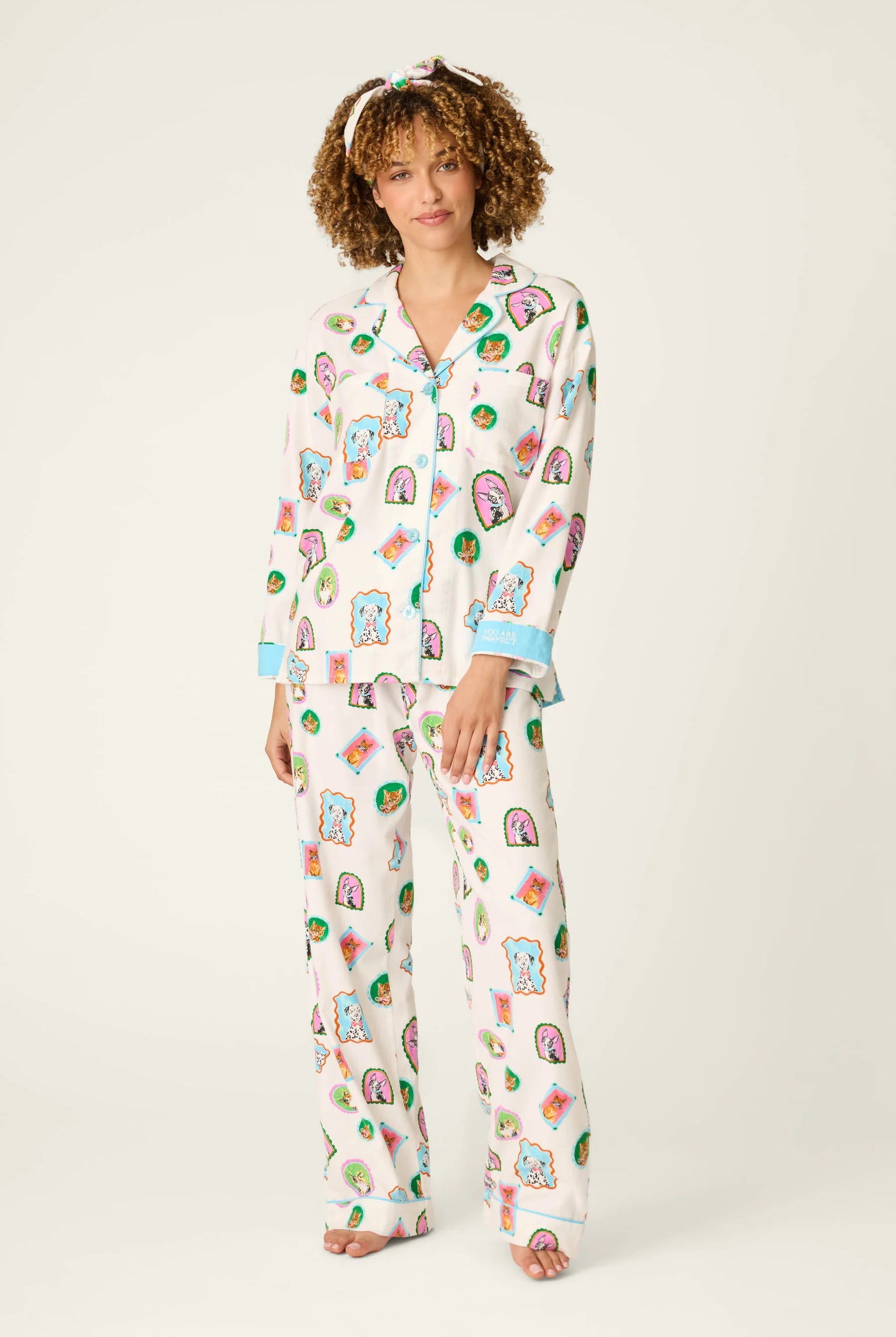 PJ Salvage Picture Purrfect Pet Portraits 3-Piece Flannel PJ Set front view on model — Cloud Nine Pajamas Edmonton