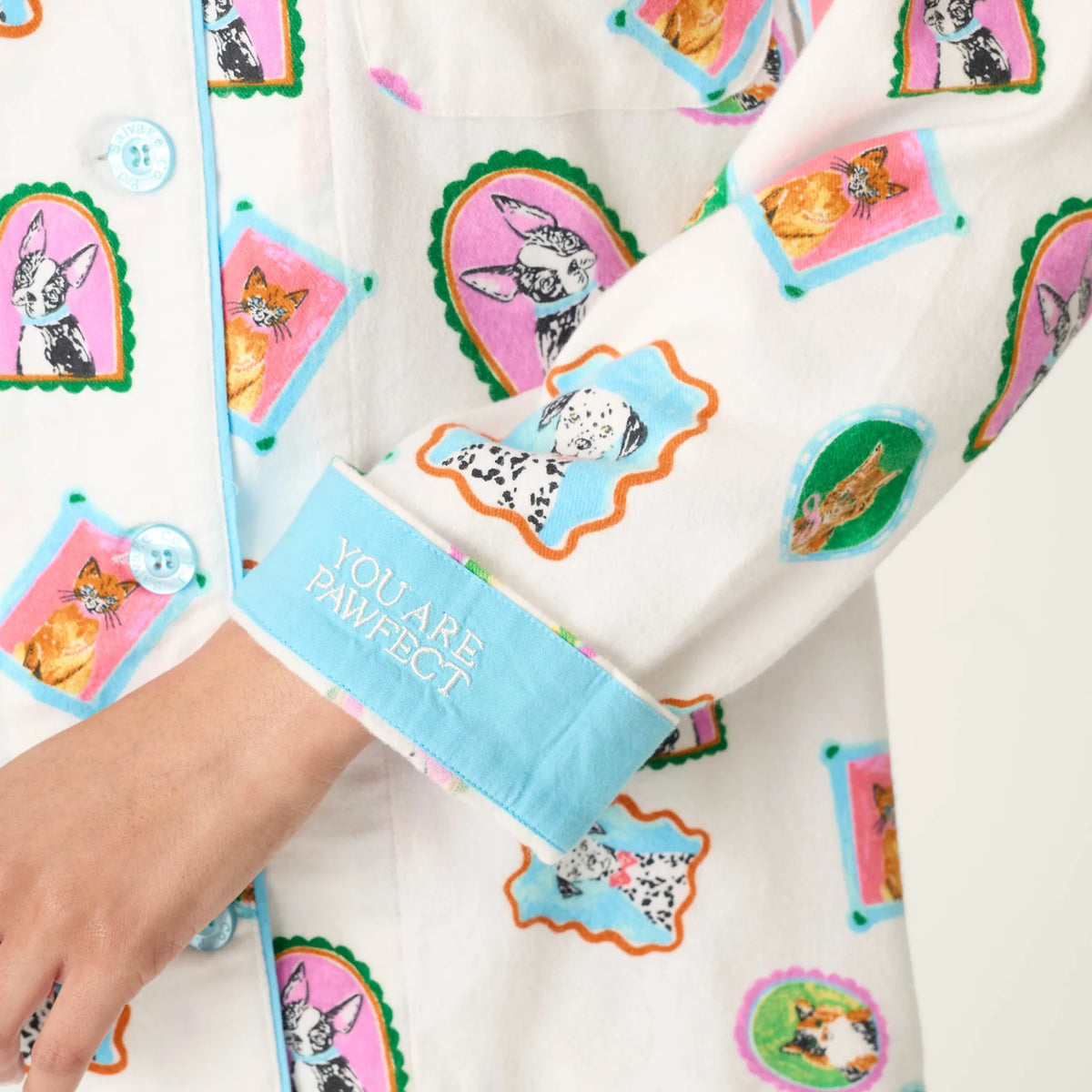 PJ Salvage You Are Pawfect "You Are Pawfect" embroidered cuff close-up — Cloud Nine Pajamas