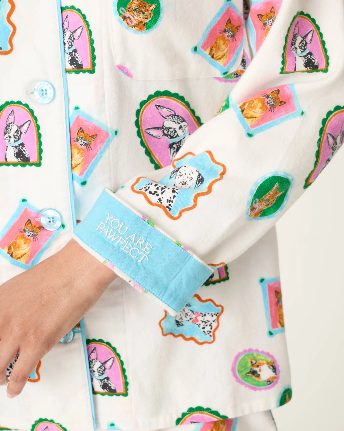 PJ Salvage You Are Pawfect "You Are Pawfect" embroidered cuff close-up — Cloud Nine Pajamas