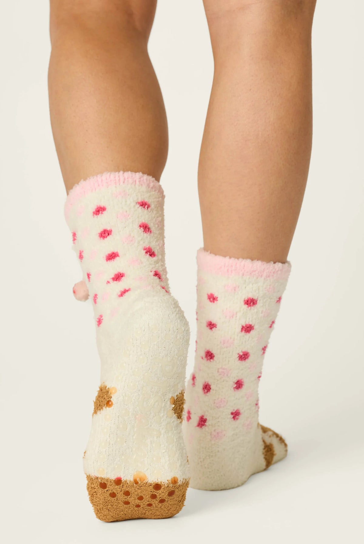PJ Salvage Gingerbread Girl Socks pink fuzzy bow pom-pom cuff back view — Cloud Nine Pajamas