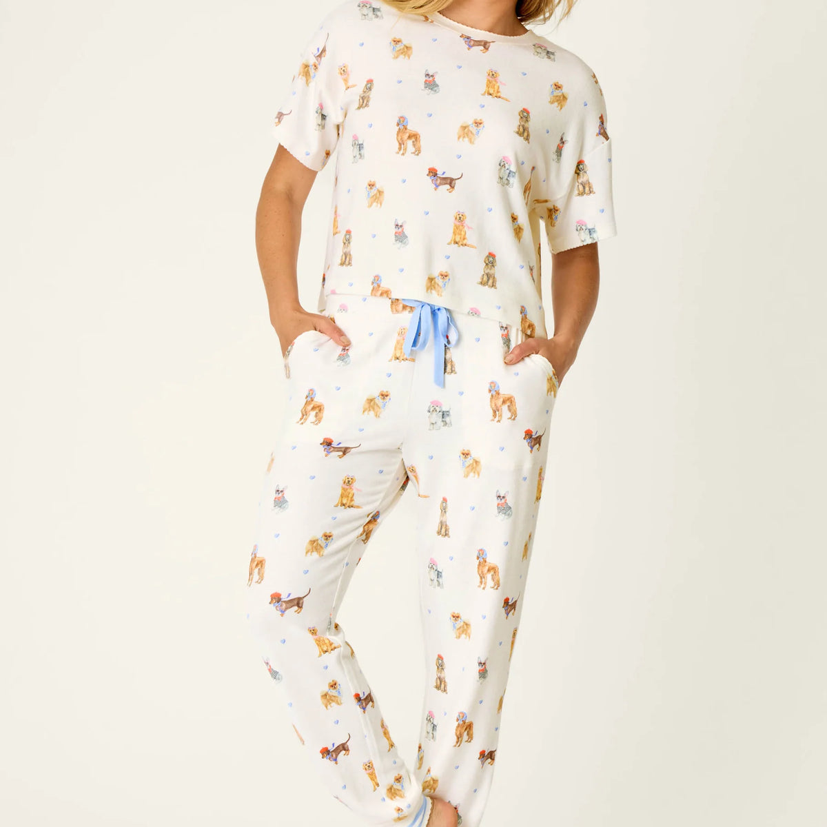 PJ Salvage Meet Me in Pawris peachy jersey set model lifestyle — Cloud Nine Pajamas