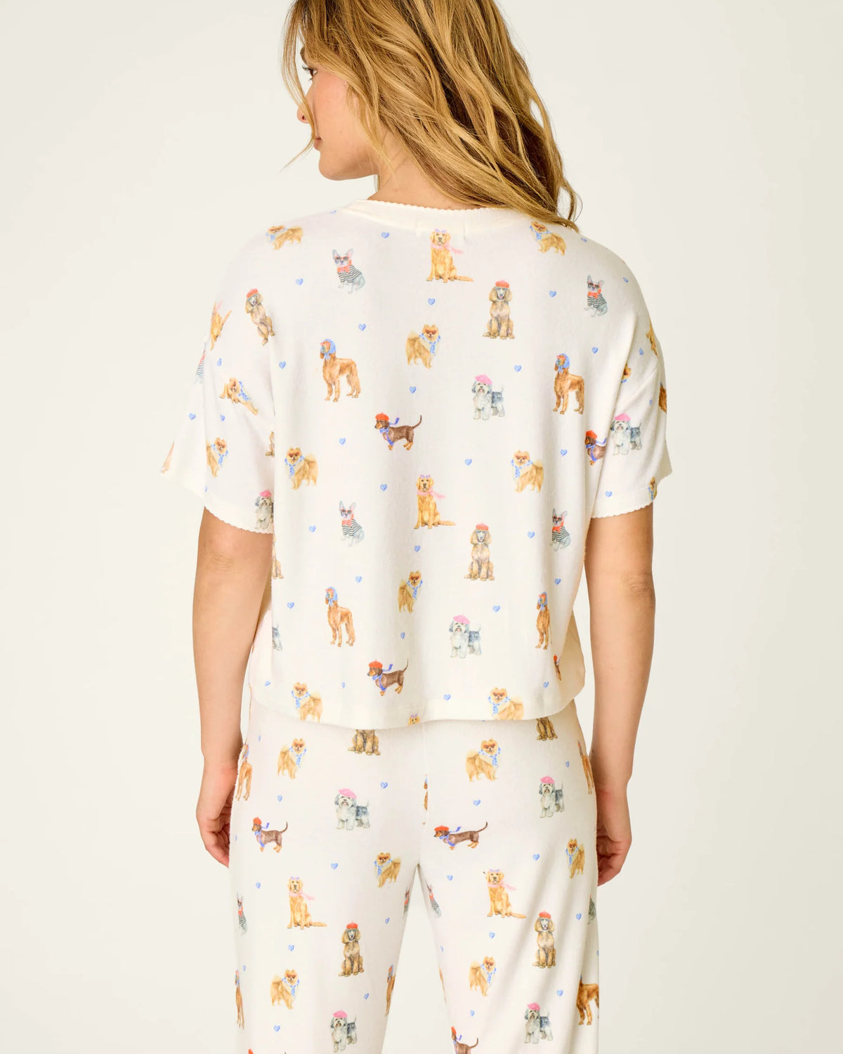 PJ Salvage Meet Me in Pawris Dog Print Short Sleeve Top and Jogger Set back view — Cloud Nine Pajamas Edmonton