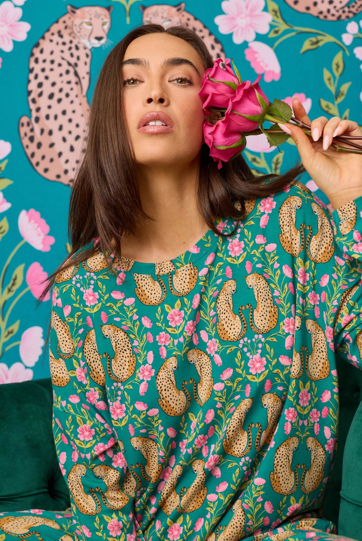 PJ Salvage Cheetah Bonita Dreams set lifestyle model — Cloud Nine Pajamas Edmonton