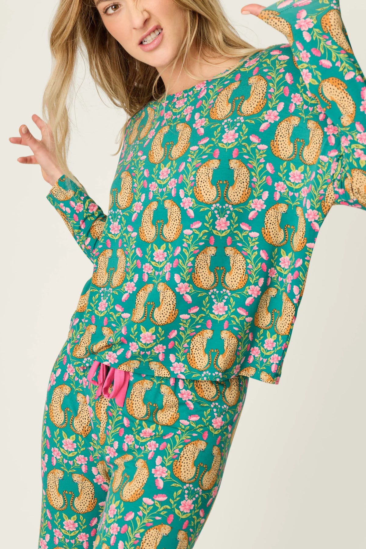 PJ Salvage Cheetah Bonita Dreams pant close-up showing cheetah and floral print — Cloud Nine Pajamas