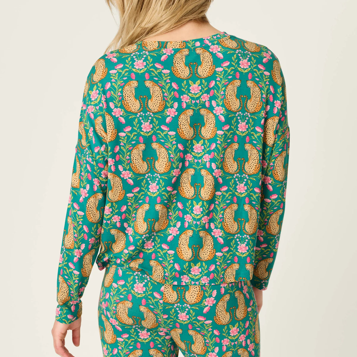 PJ Salvage Cheetah Bonita Dreams set model back view — Cloud Nine Pajamas