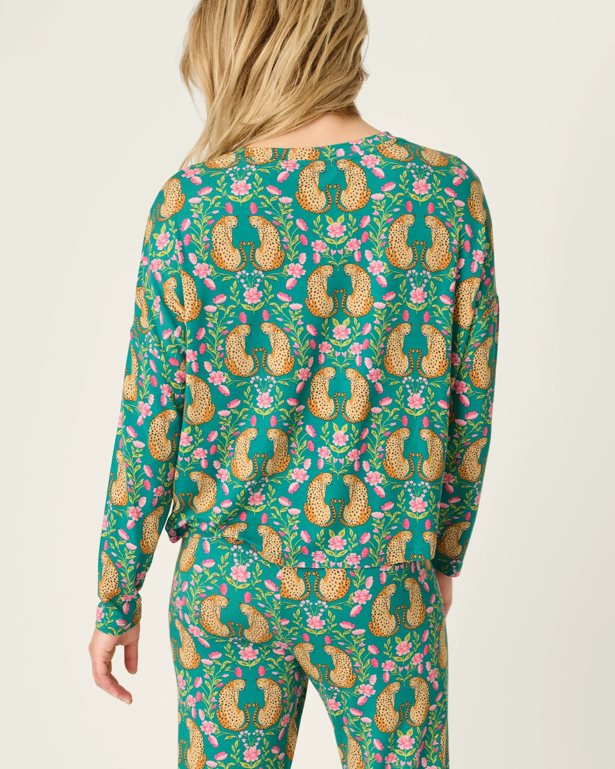 PJ Salvage Cheetah Bonita Dreams set model back view — Cloud Nine Pajamas