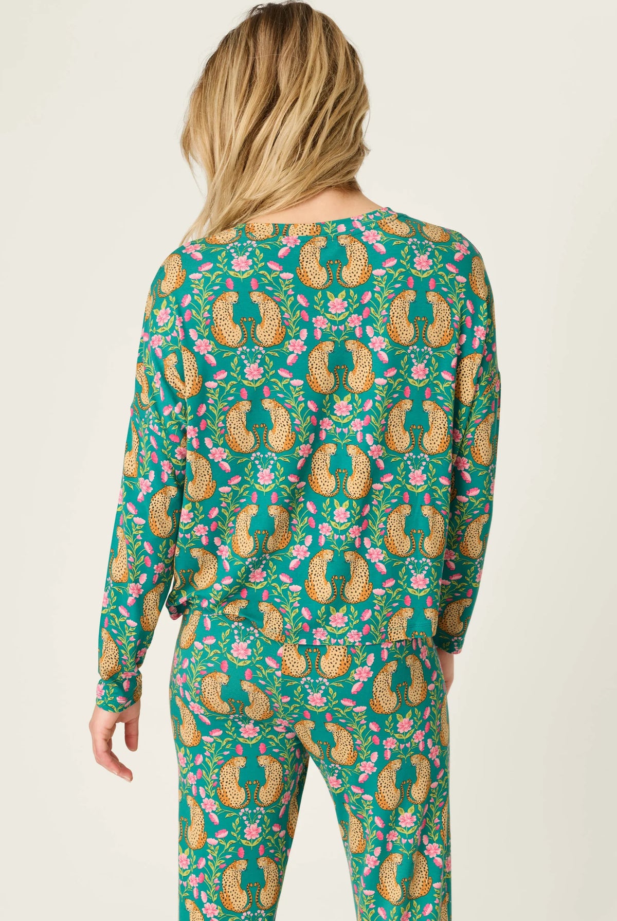 PJ Salvage Cheetah Bonita Dreams set model back view — Cloud Nine Pajamas