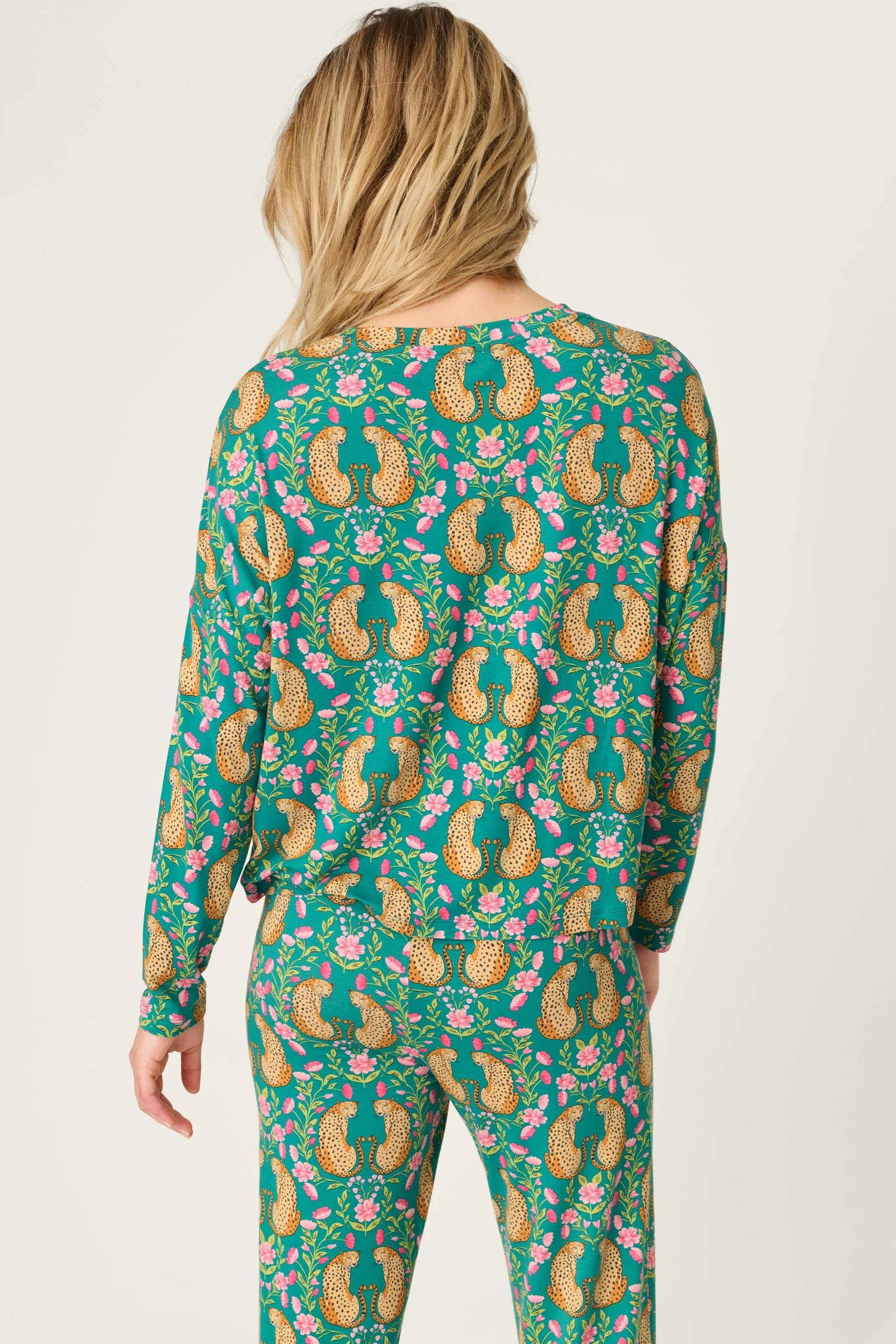 PJ Salvage Cheetah Bonita Dreams set model back view — Cloud Nine Pajamas