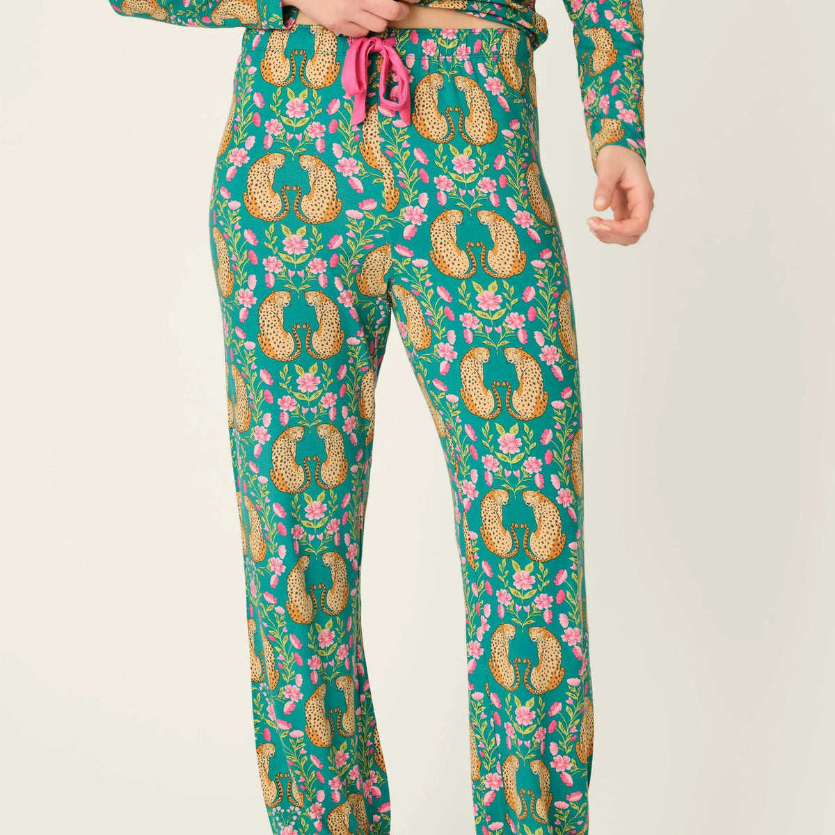 PJ Salvage Cheetah Bonita Dreams teal modal jogger set front detail — Cloud Nine Pajamas