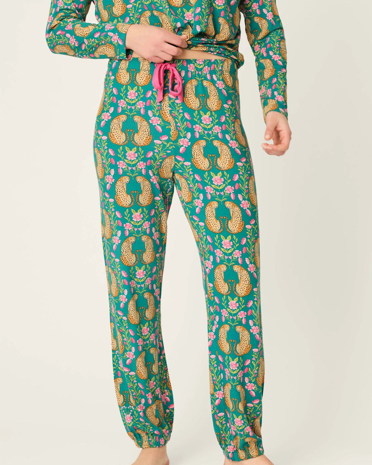 PJ Salvage Cheetah Bonita Dreams teal modal jogger set front detail — Cloud Nine Pajamas