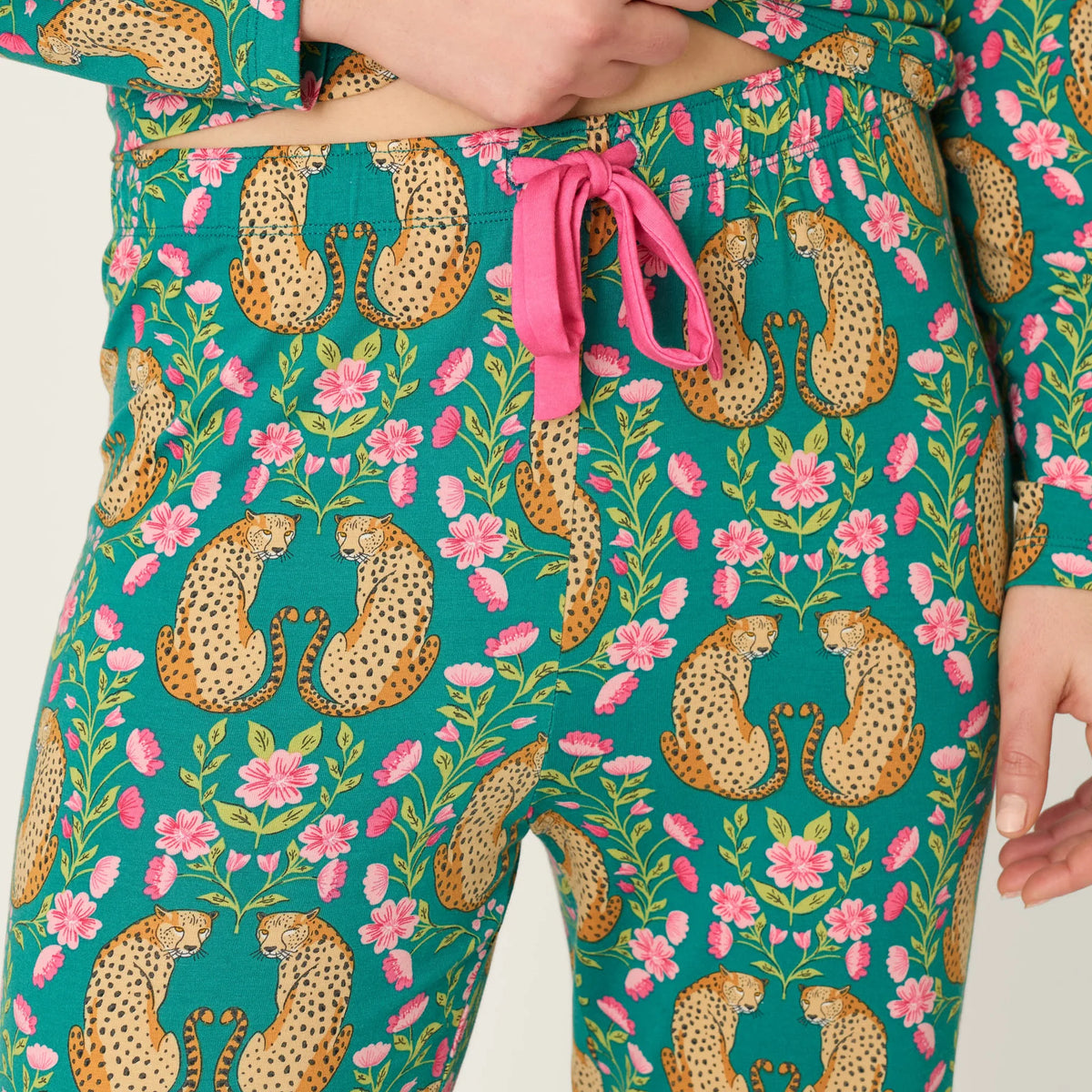PJ Salvage Cheetah Bonita Dreams pant close-up showing cheetah and floral print — Cloud Nine Pajamas