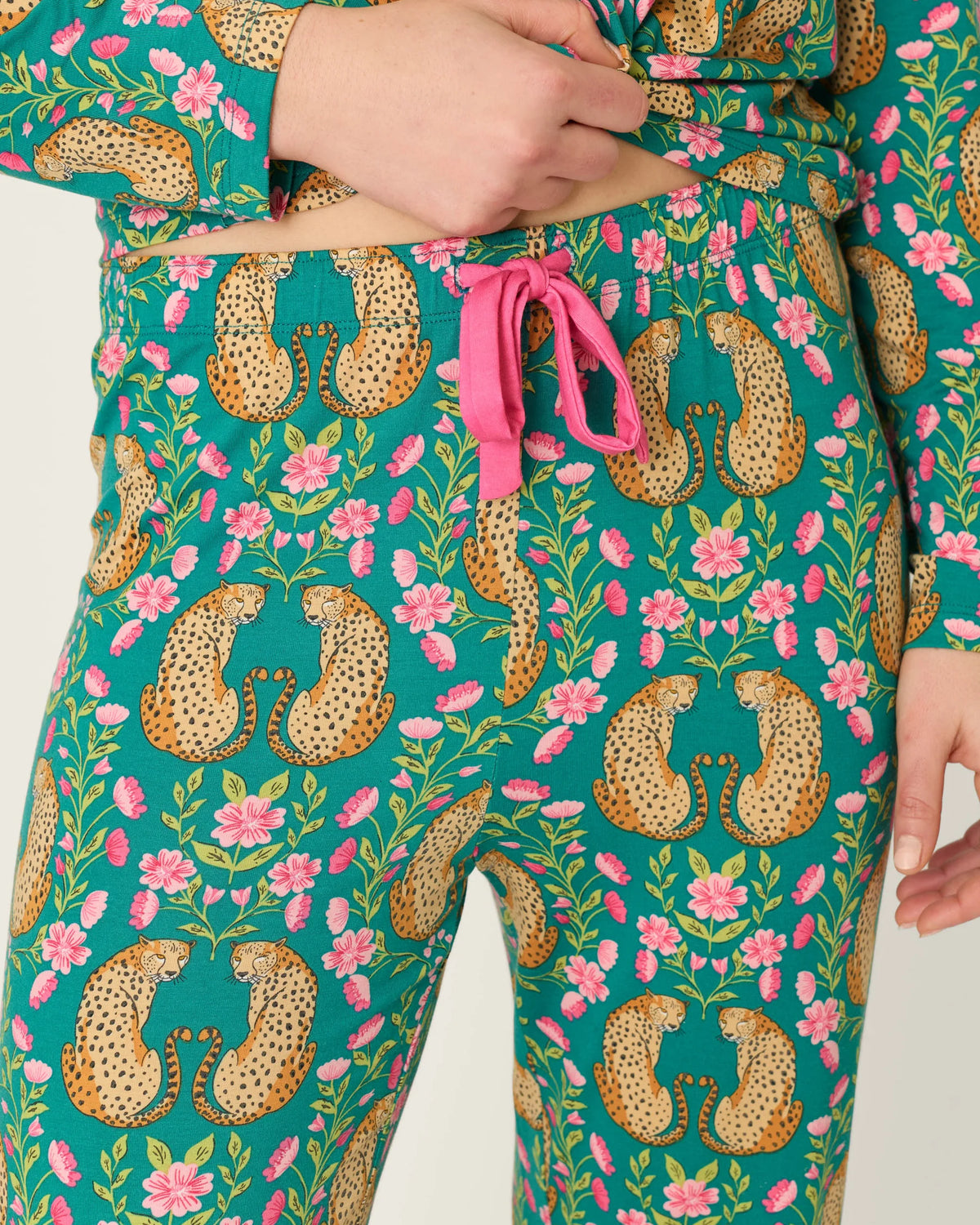PJ Salvage Cheetah Bonita Dreams pant close-up showing cheetah and floral print — Cloud Nine Pajamas
