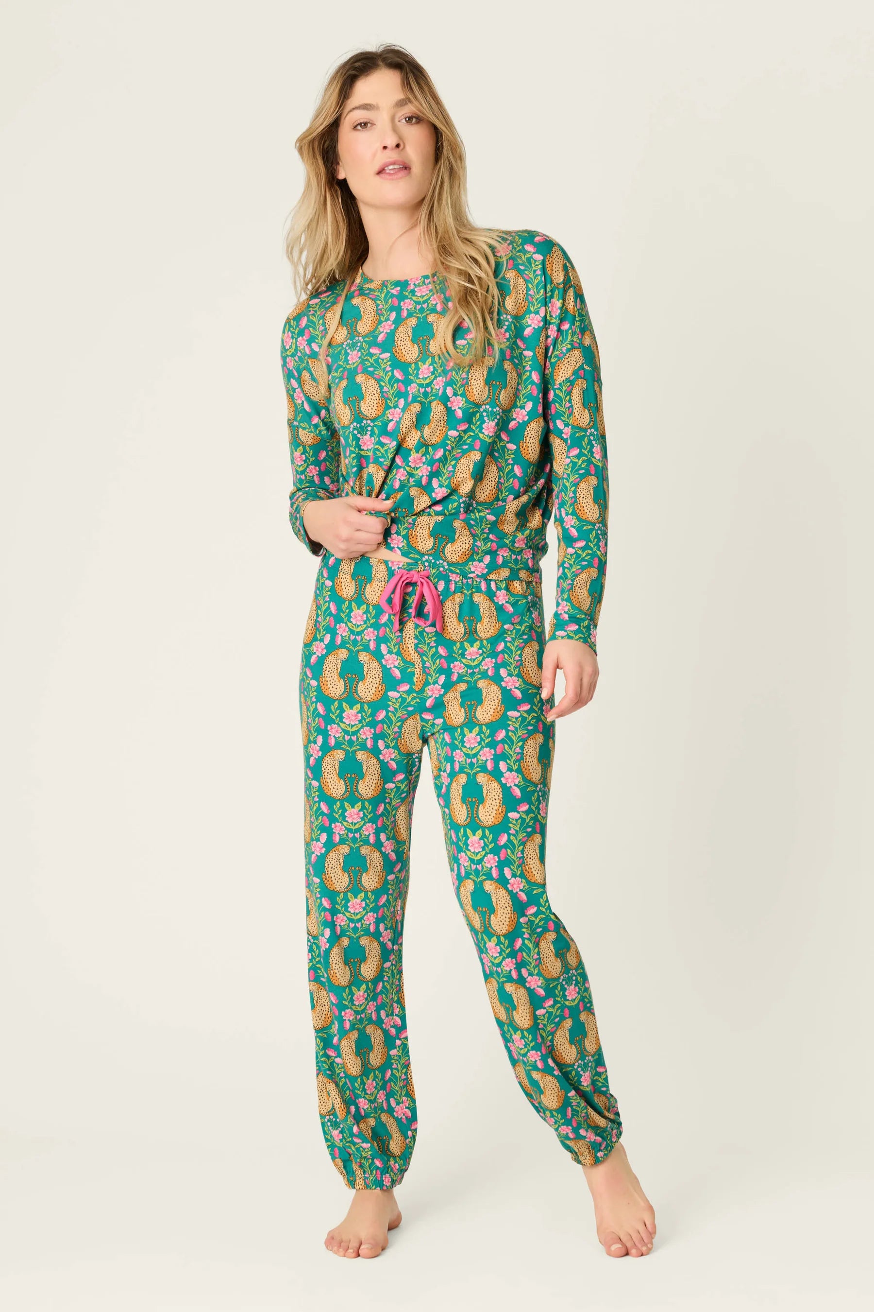 PJ Salvage Cheetah Bonita Dreams teal-blue modal jogger pajama set front view — Cloud Nine Pajamas Edmonton