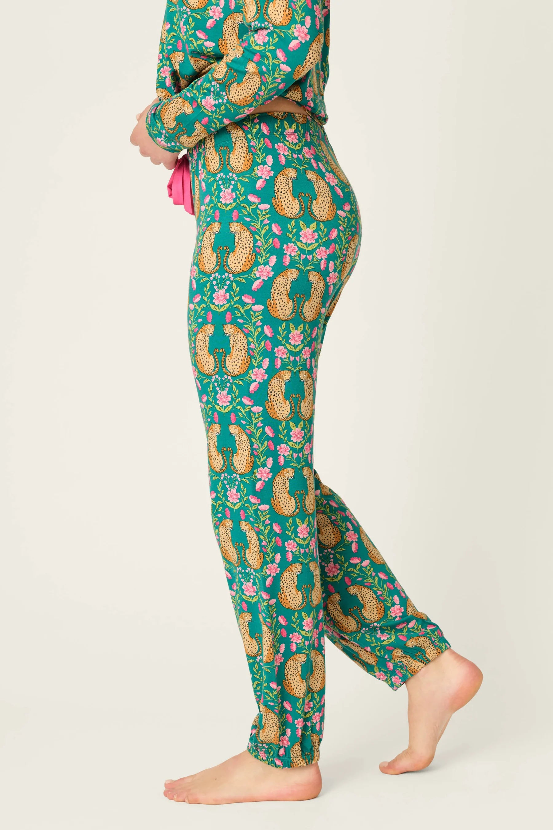 PJ Salvage Cheetah Bonita Dreams set model side view showing jogger length — Cloud Nine Pajamas