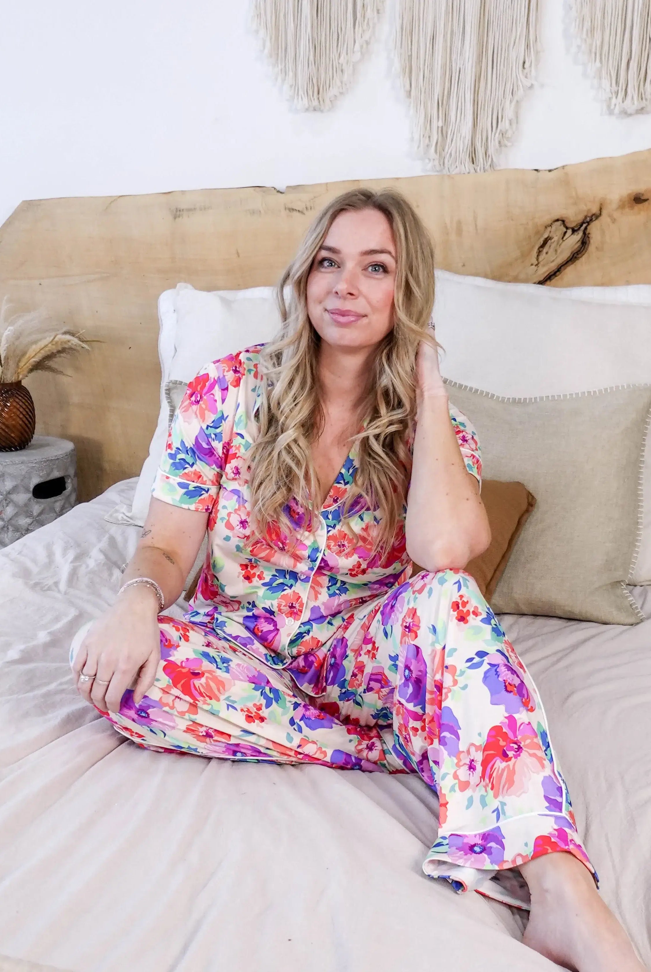 Short Sleeve Button Up Top/Straight Pant PJ Set - Bamboo | Blooming Love