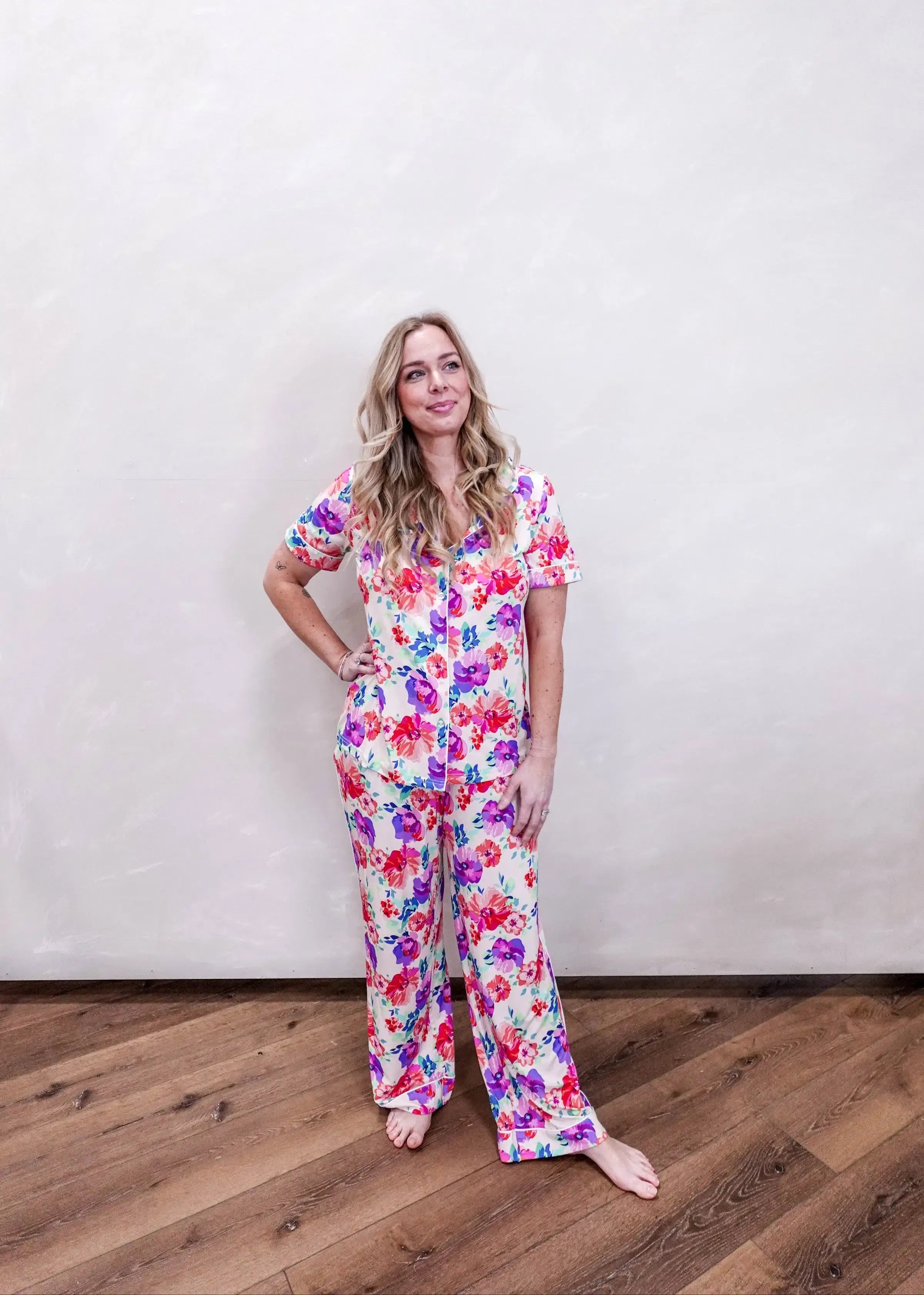 Short Sleeve Button Up Top/Straight Pant PJ Set - Bamboo | Blooming Love