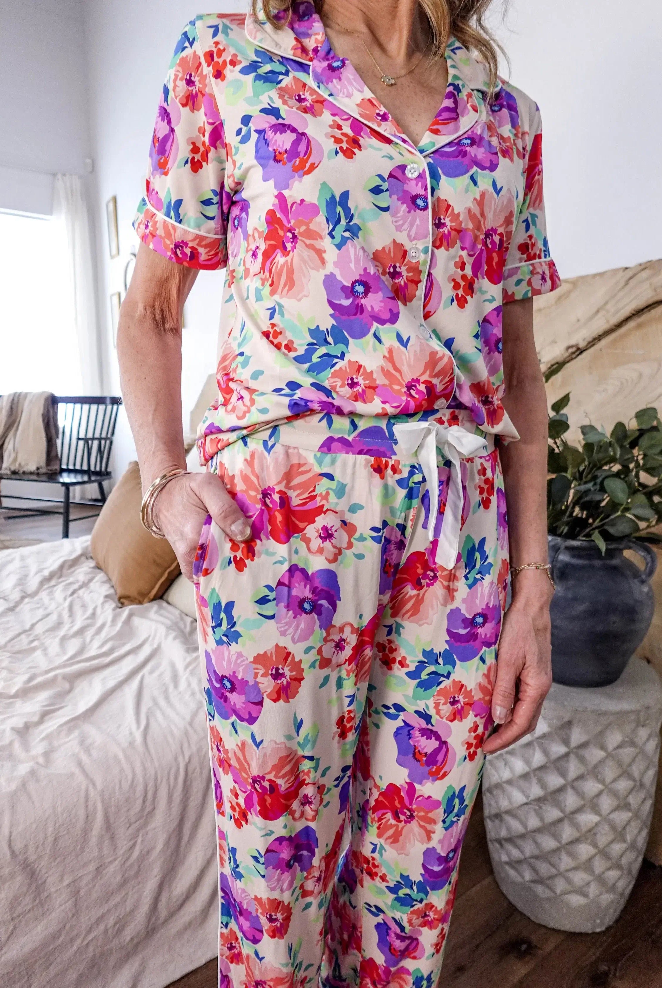 Short Sleeve Button Up Top/Straight Pant PJ Set - Bamboo | Blooming Love