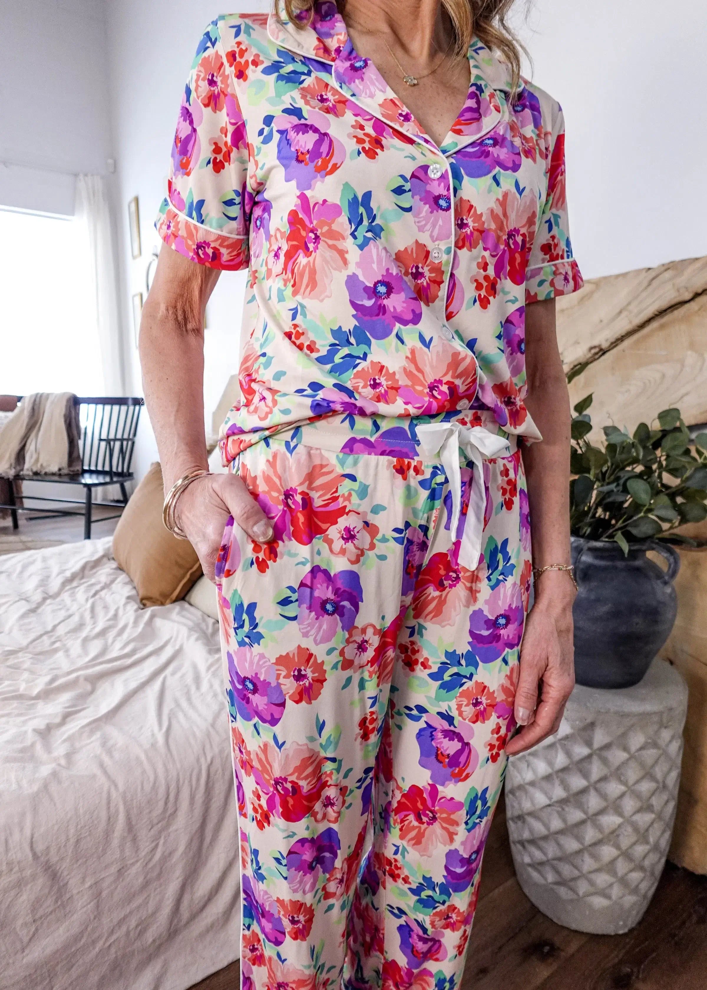 Short Sleeve Button Up Top/Straight Pant PJ Set - Bamboo | Blooming Love