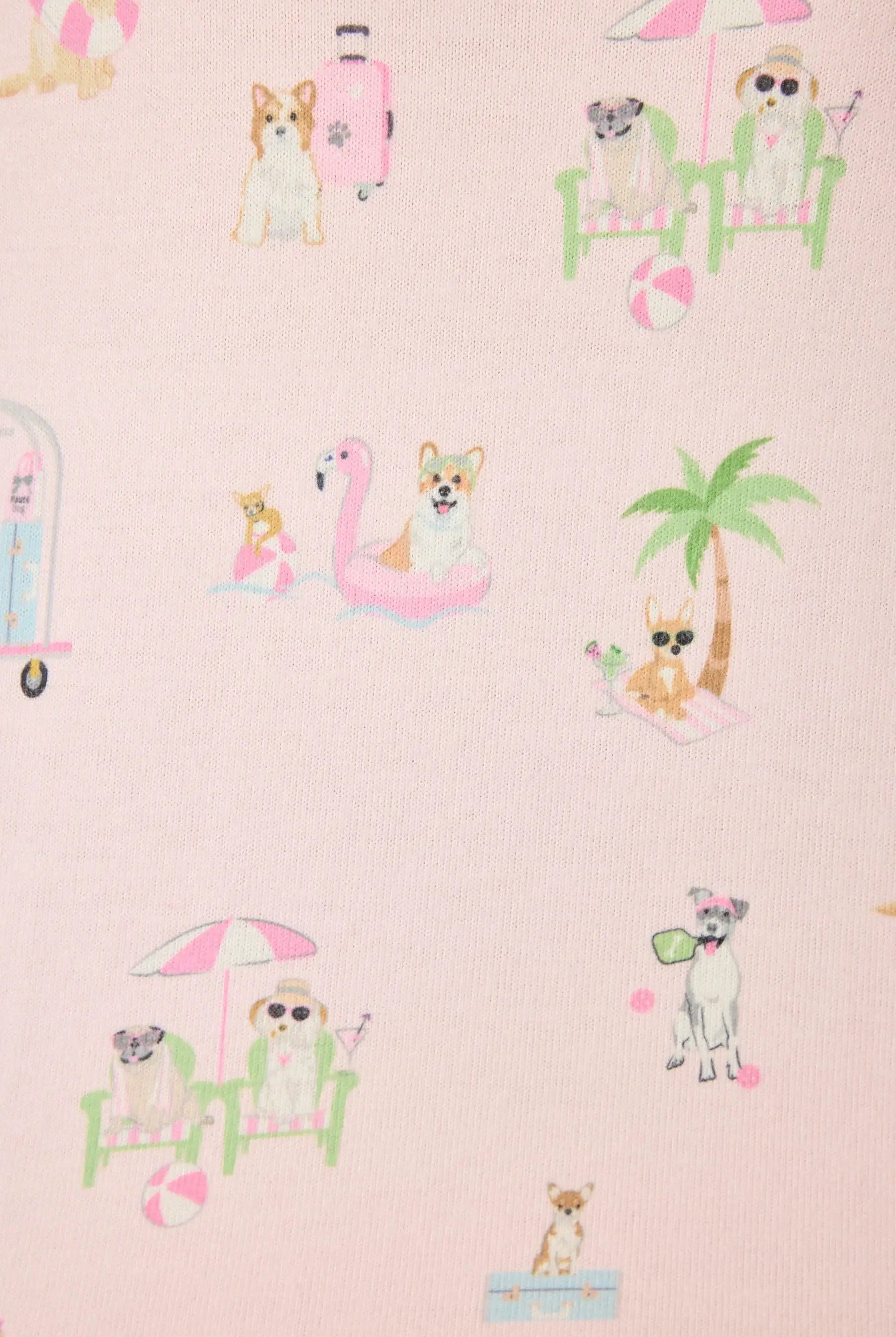 Pupcation Palms Sunnies & Sunshine Dog Print Jogger Set showing print up close