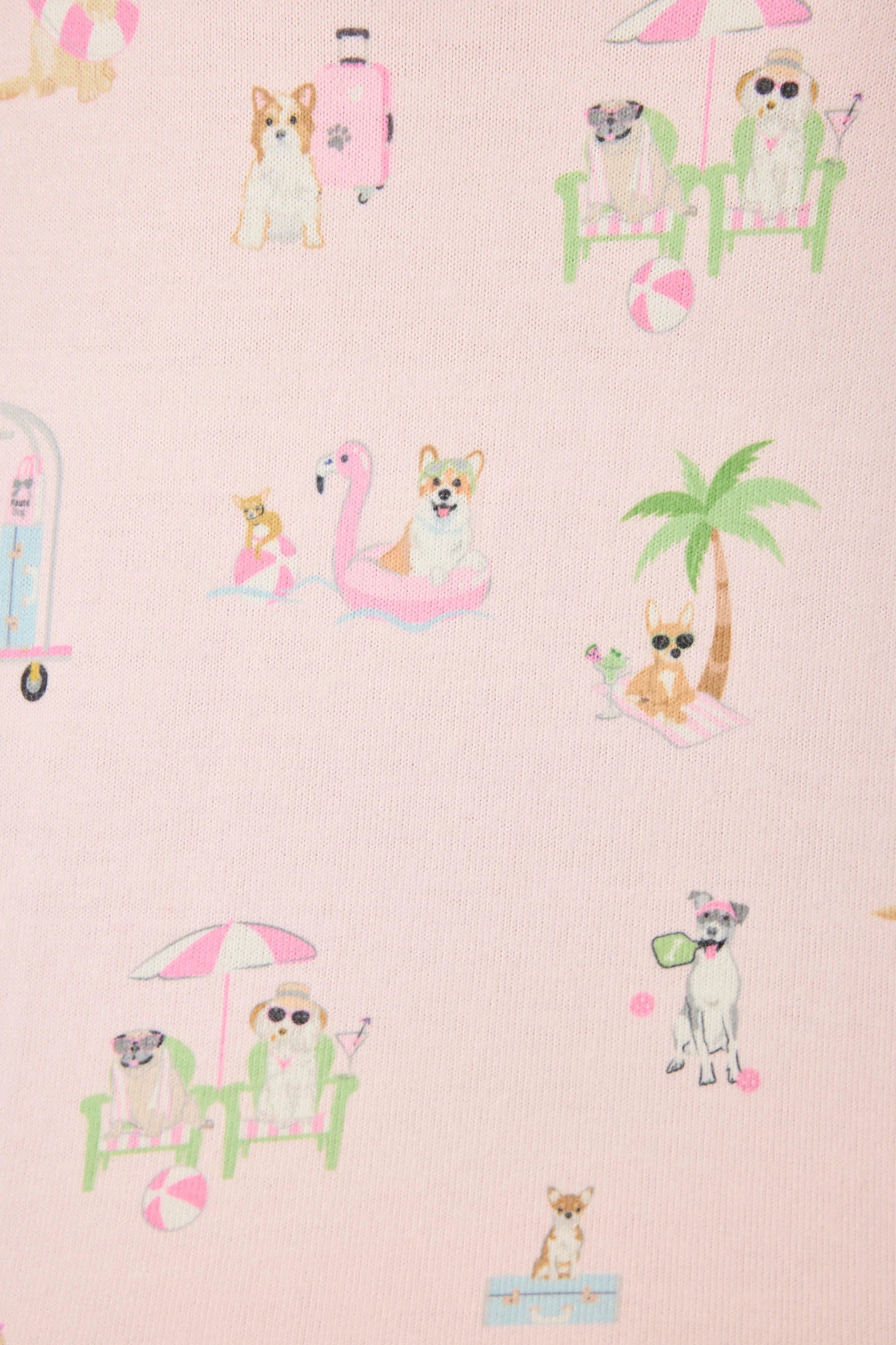 Pupcation Palms Sunnies & Sunshine Dog Print Jogger Set showing print up close