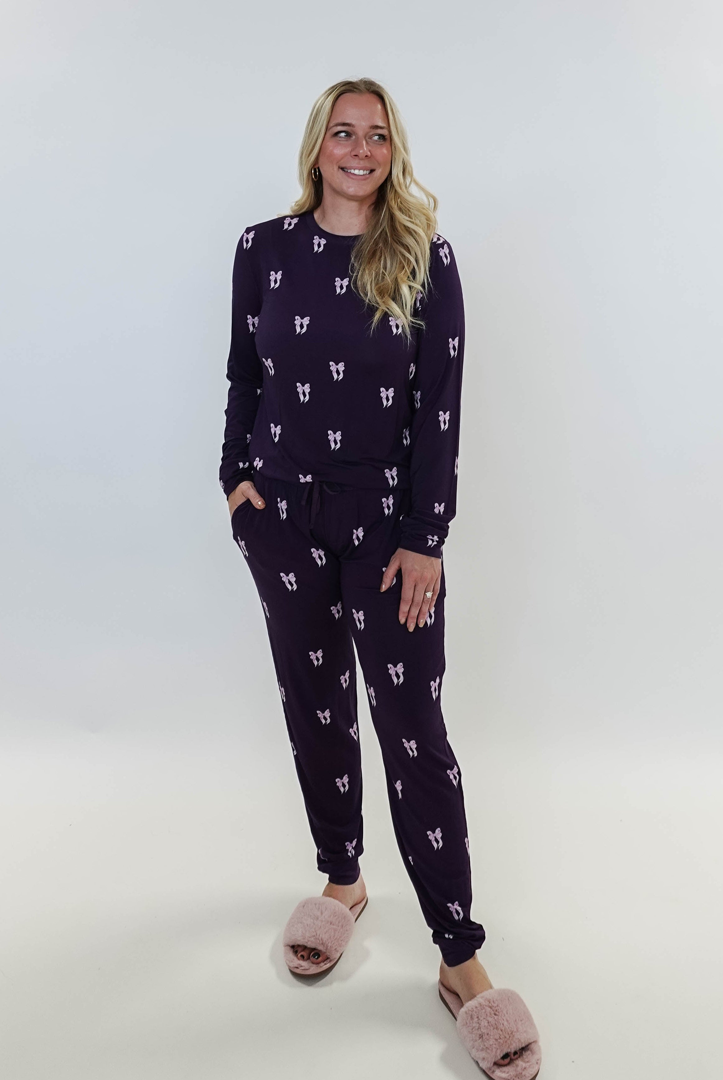Purple Bows Print Long Sleeve & Jogger Bamboo PJ Set by Georgia Rylan