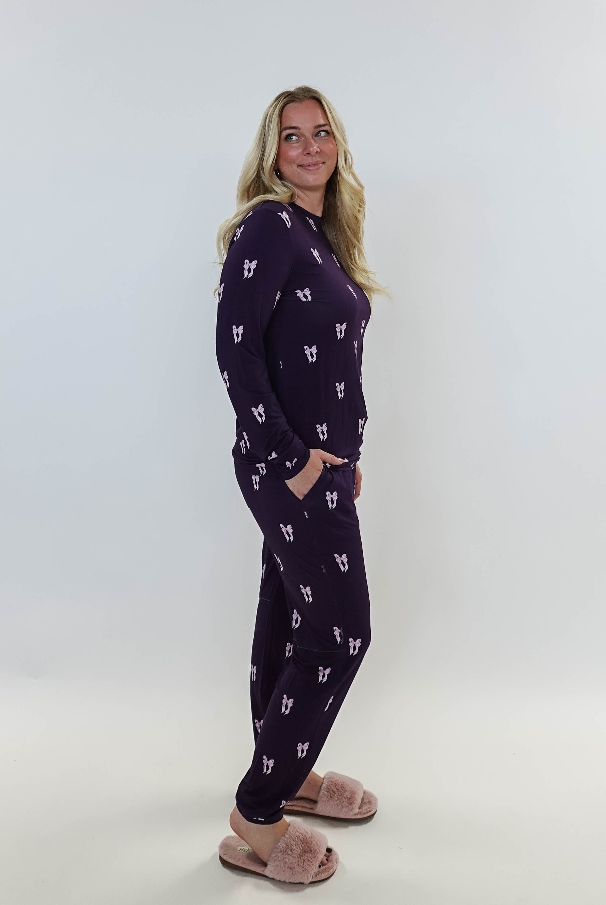 women's loungewear jogger set purple with bows bamboo GEORGIA RYLAN