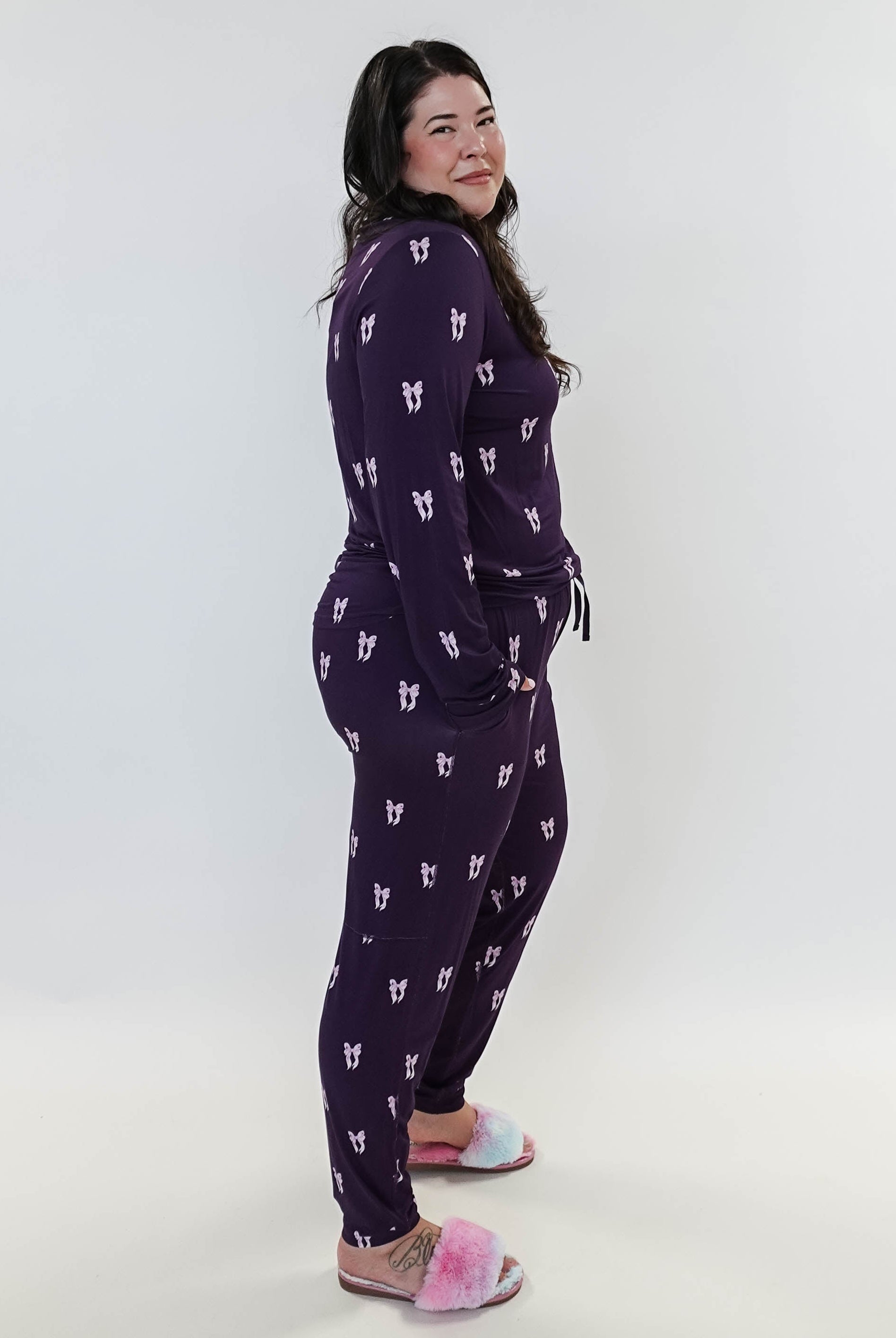 women's loungewear jogger set purple with bows bamboo GEORGIA RYLAN plus size