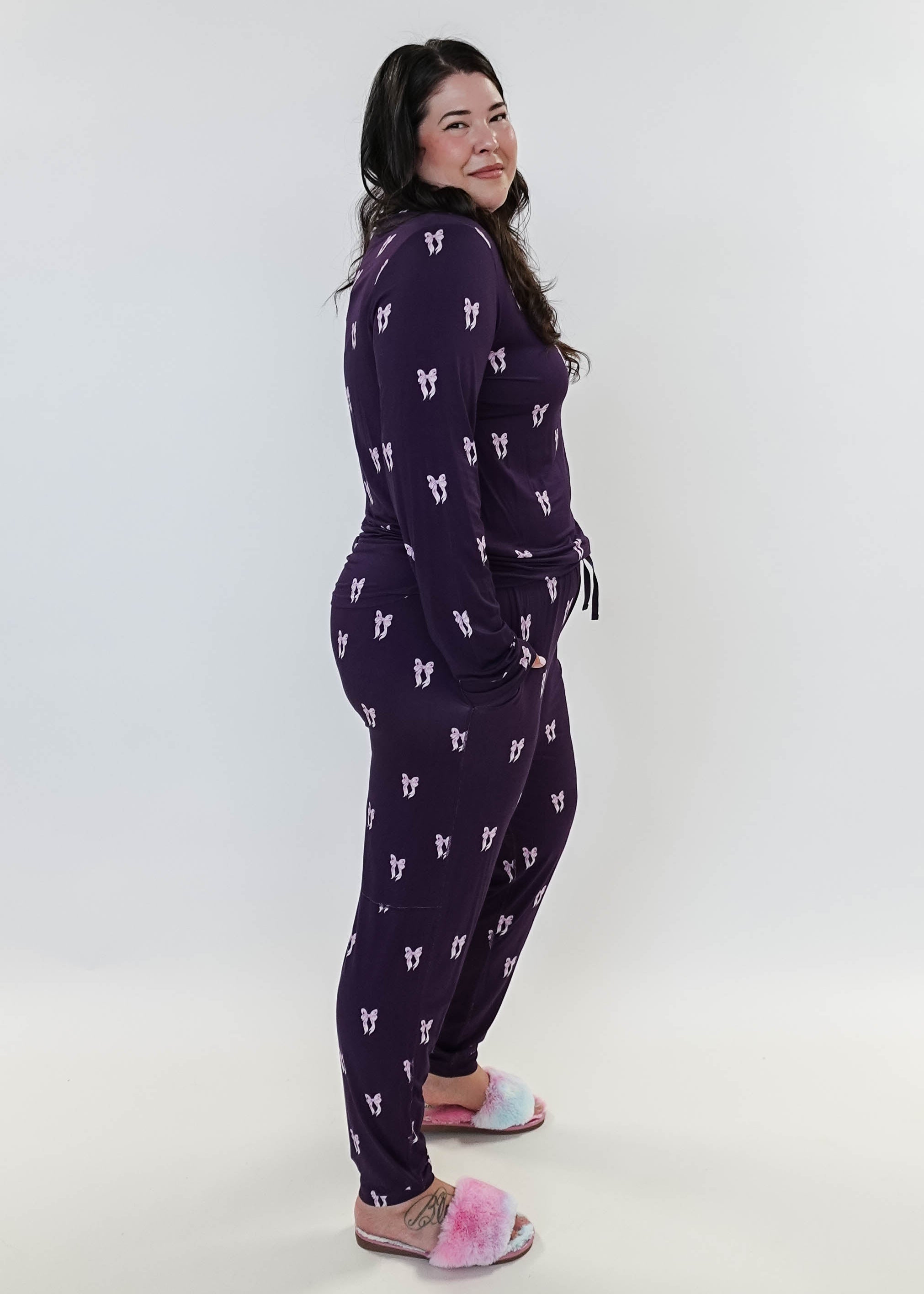 women's loungewear jogger set purple with bows bamboo GEORGIA RYLAN plus size