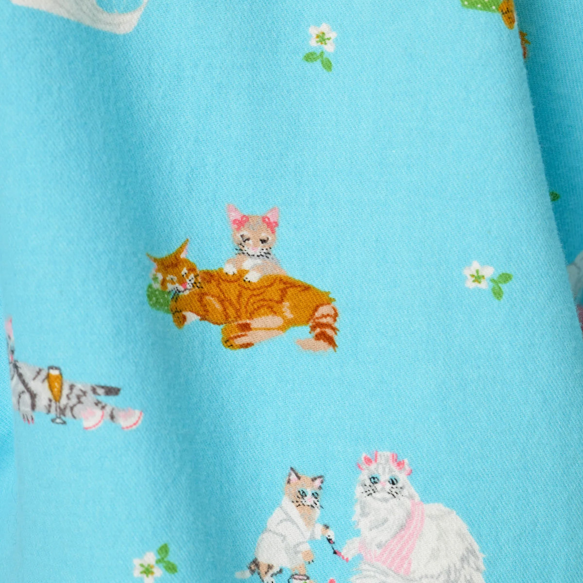 PJ Salvage Paws and Relax Pampered Cats Blue Elixir flannel fabric swatch — Cloud Nine Pajamas Edmonton